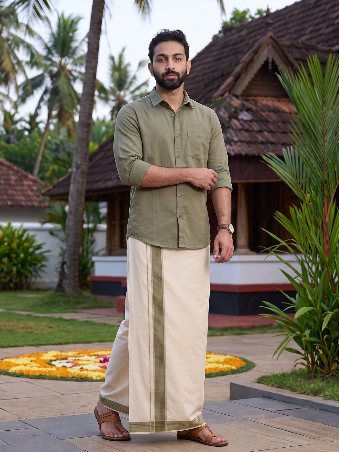 Double Layer Premium Handloom Cream Dhoti with Colour Border - HLM122