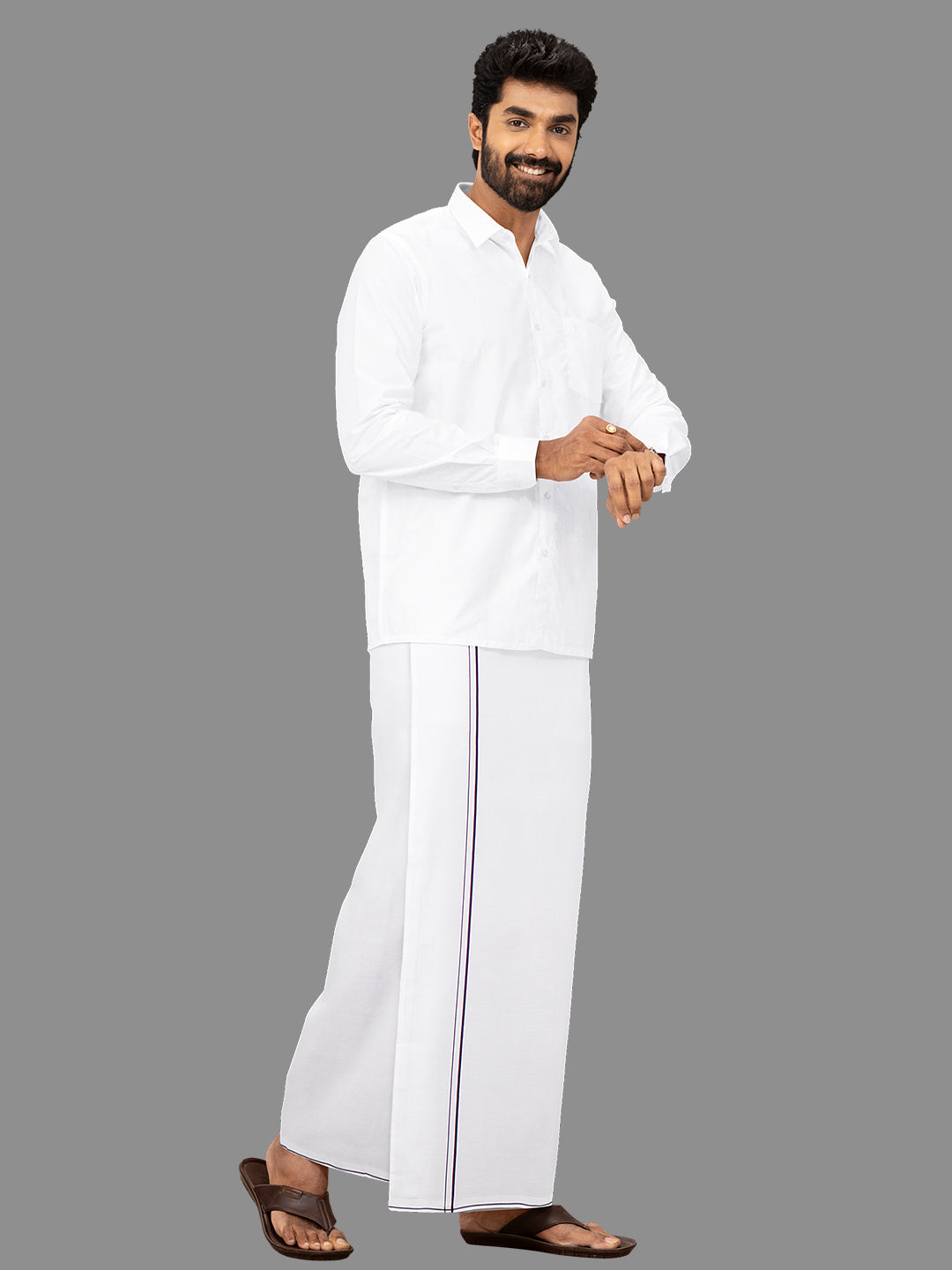 Men Cotton Blend Single Layer White Dhoti with Assorted Border