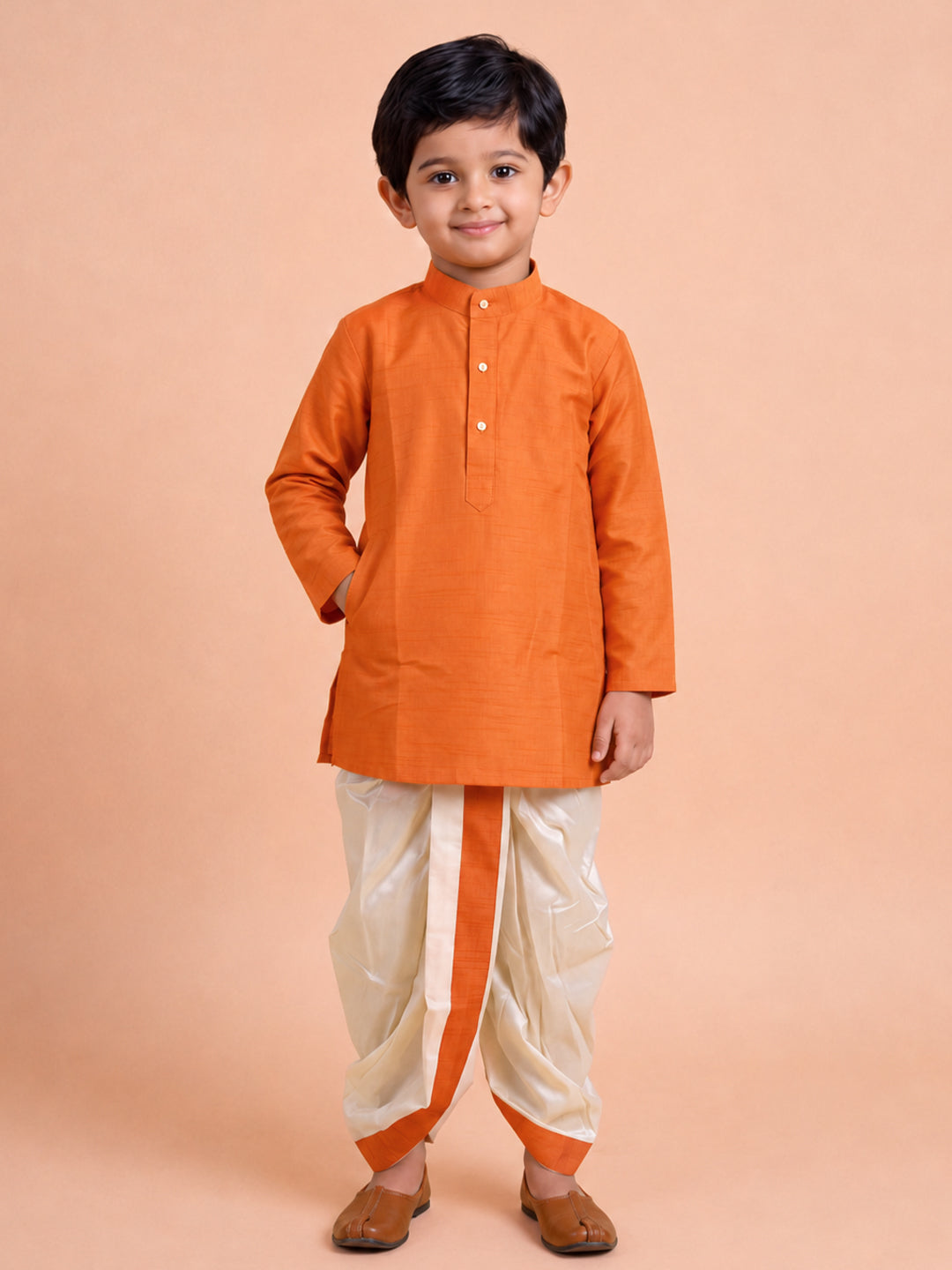 Boys Slub Cotton Full Sleeves Orange Kurta with Panchakacham Combo Set SL5
