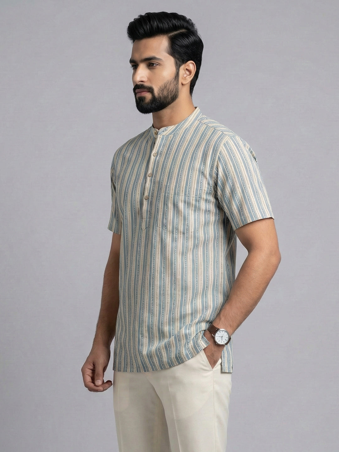 Men Cotton Short Length Pocket Kurta Brown OG14