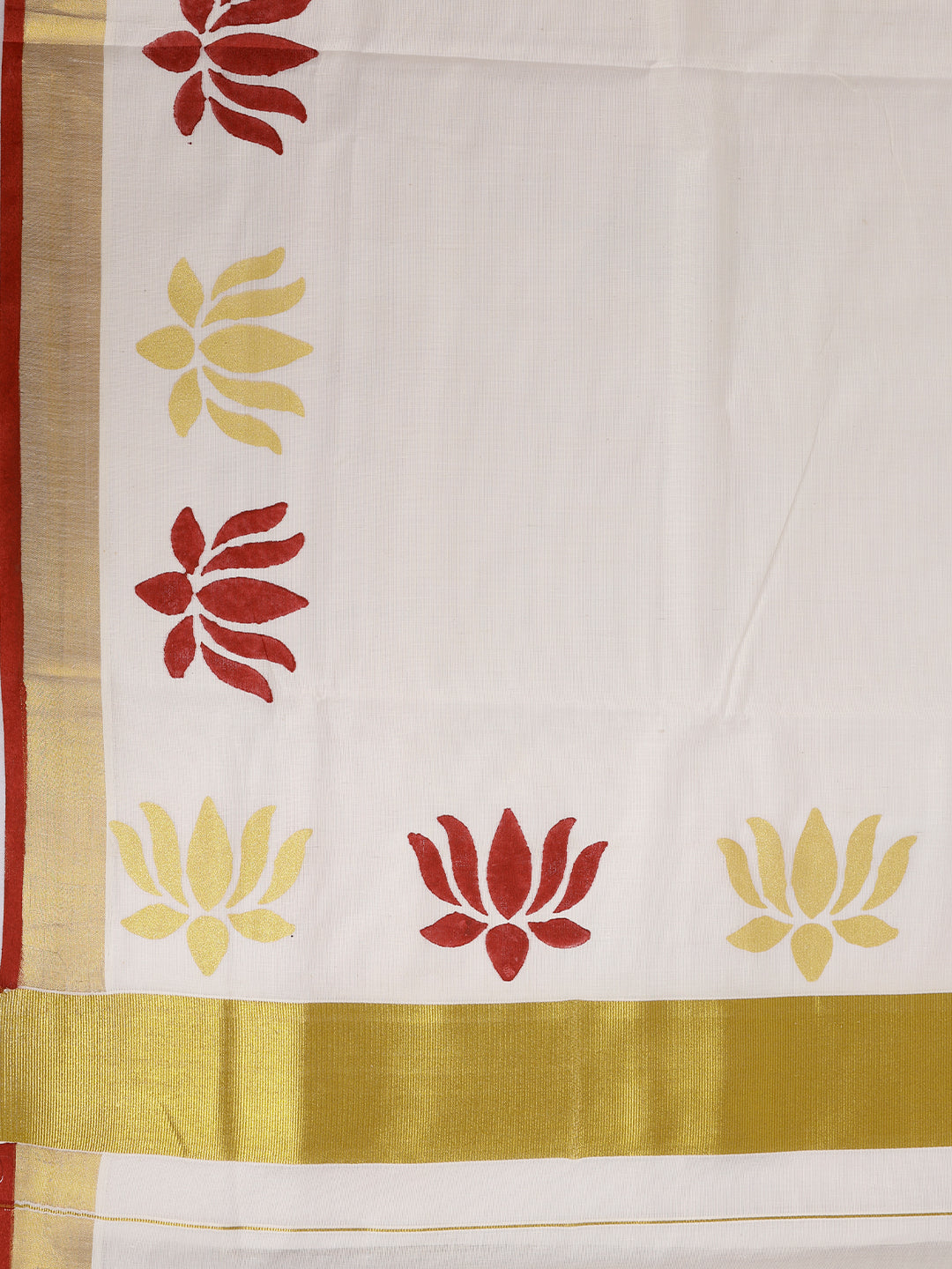 Women Kora Cotton Cream Printed Saree with Gold Jari KLS62