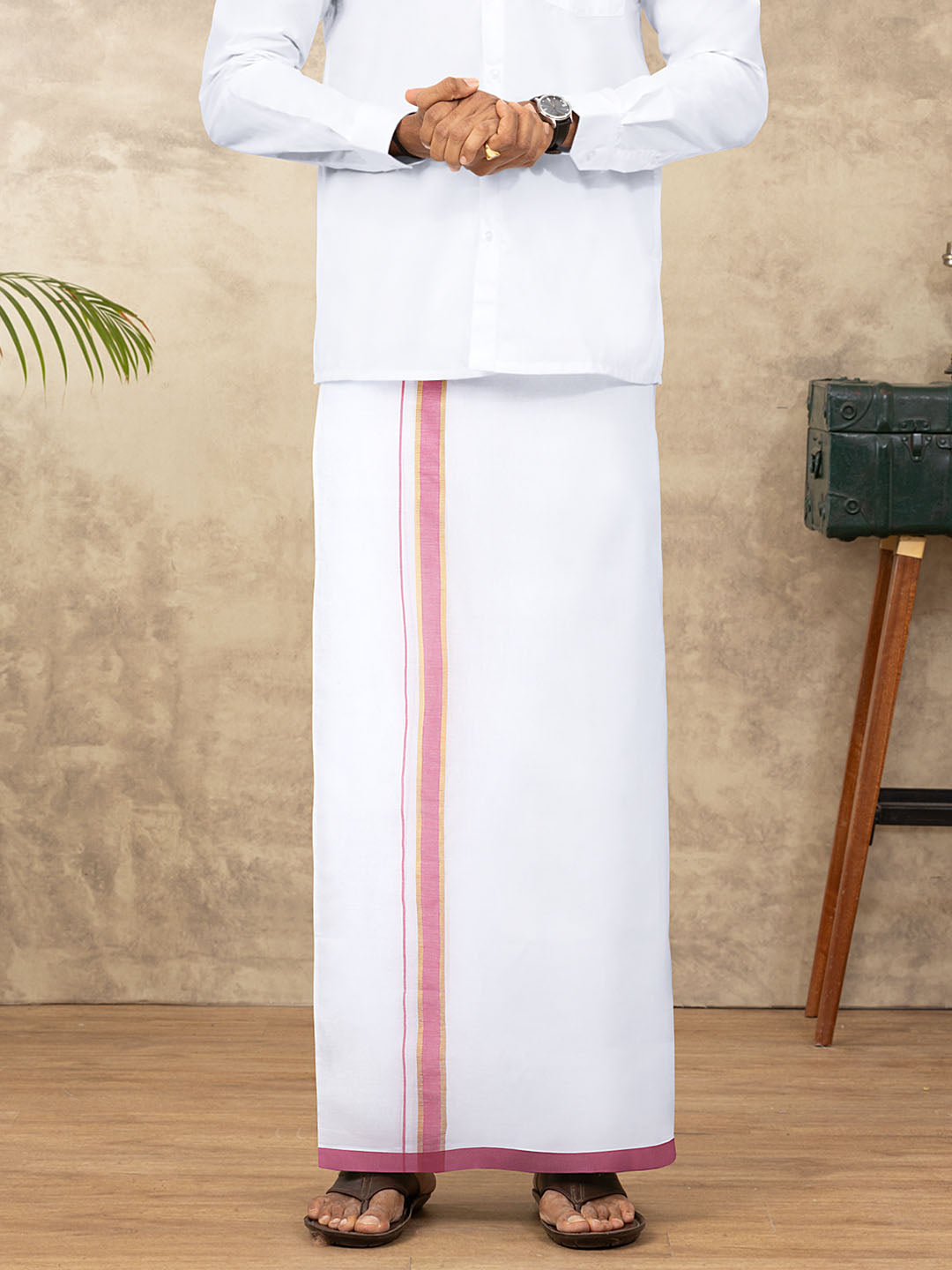 Men Cotton Blend Readymade Double Layer White Dhoti with Fancy Jari Border GFDA05