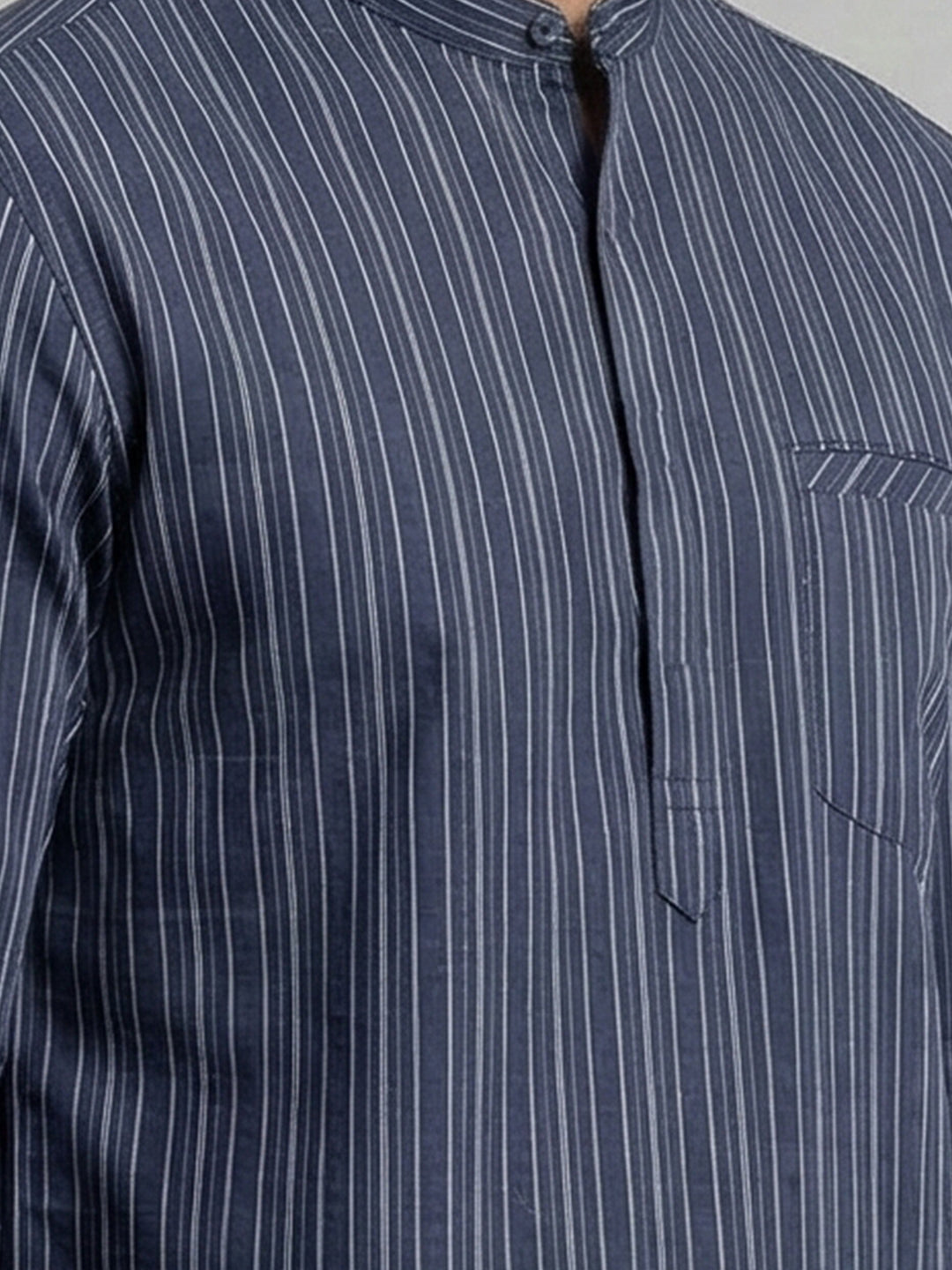 Men Cotton Short Length Striped Pocket Kurta Grey Blue RK81