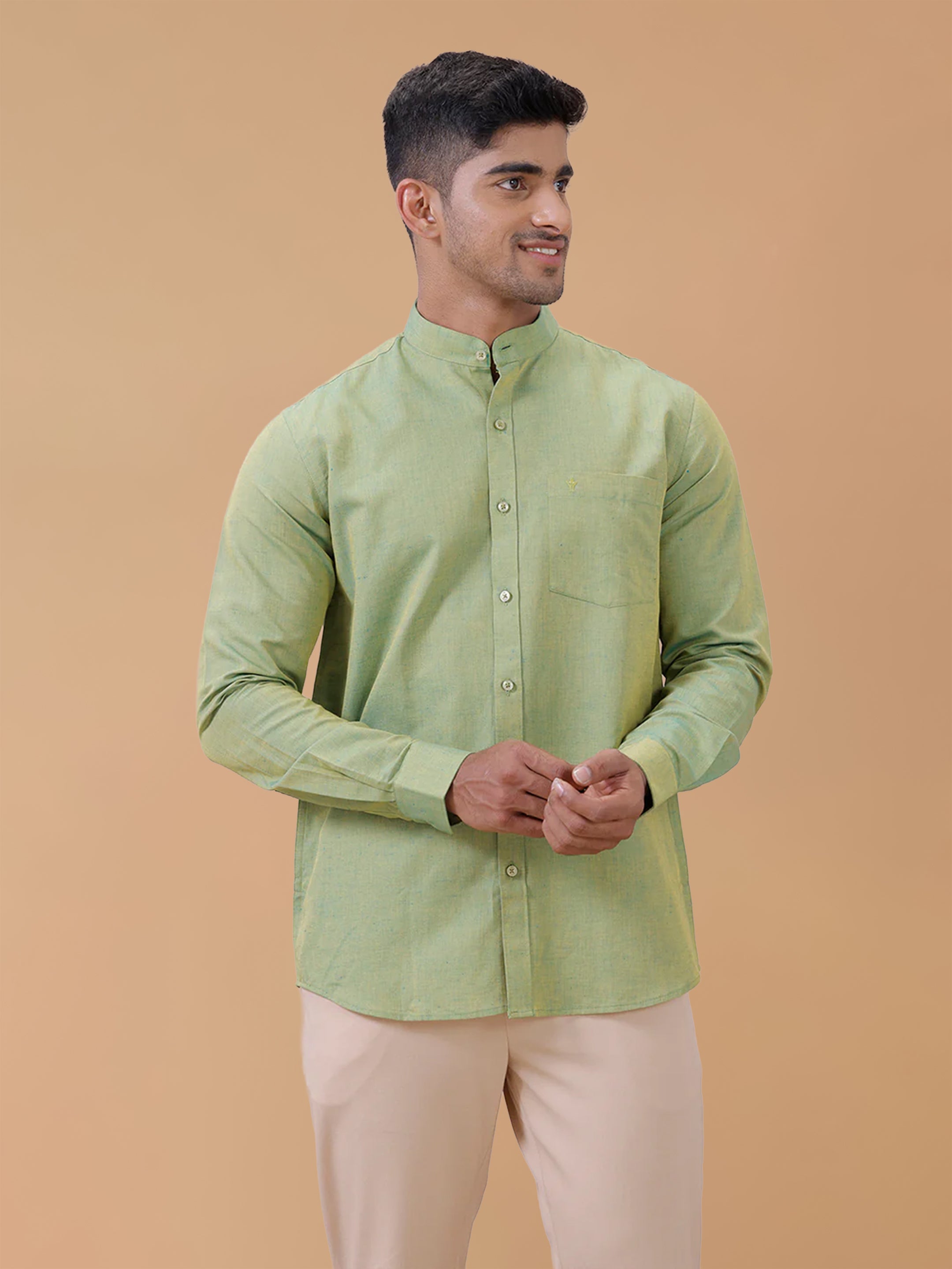 Linen Cotton Yellowish Green Chinese Collar Regular Fit Shirt LF9