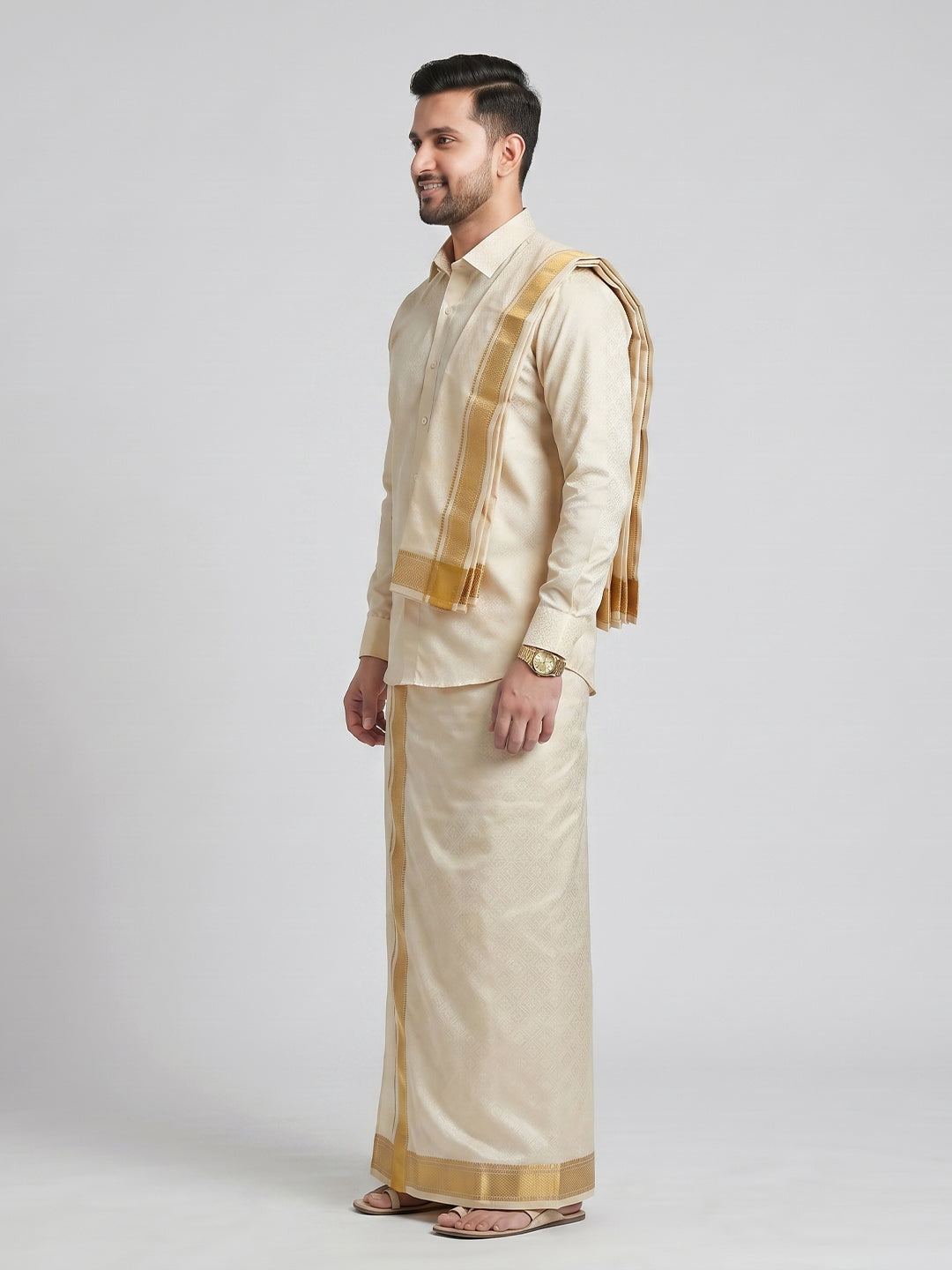 Men Art Silk Cream Self Design Shirt & Dhoti Towel Set Parinayam Grand CRJD4