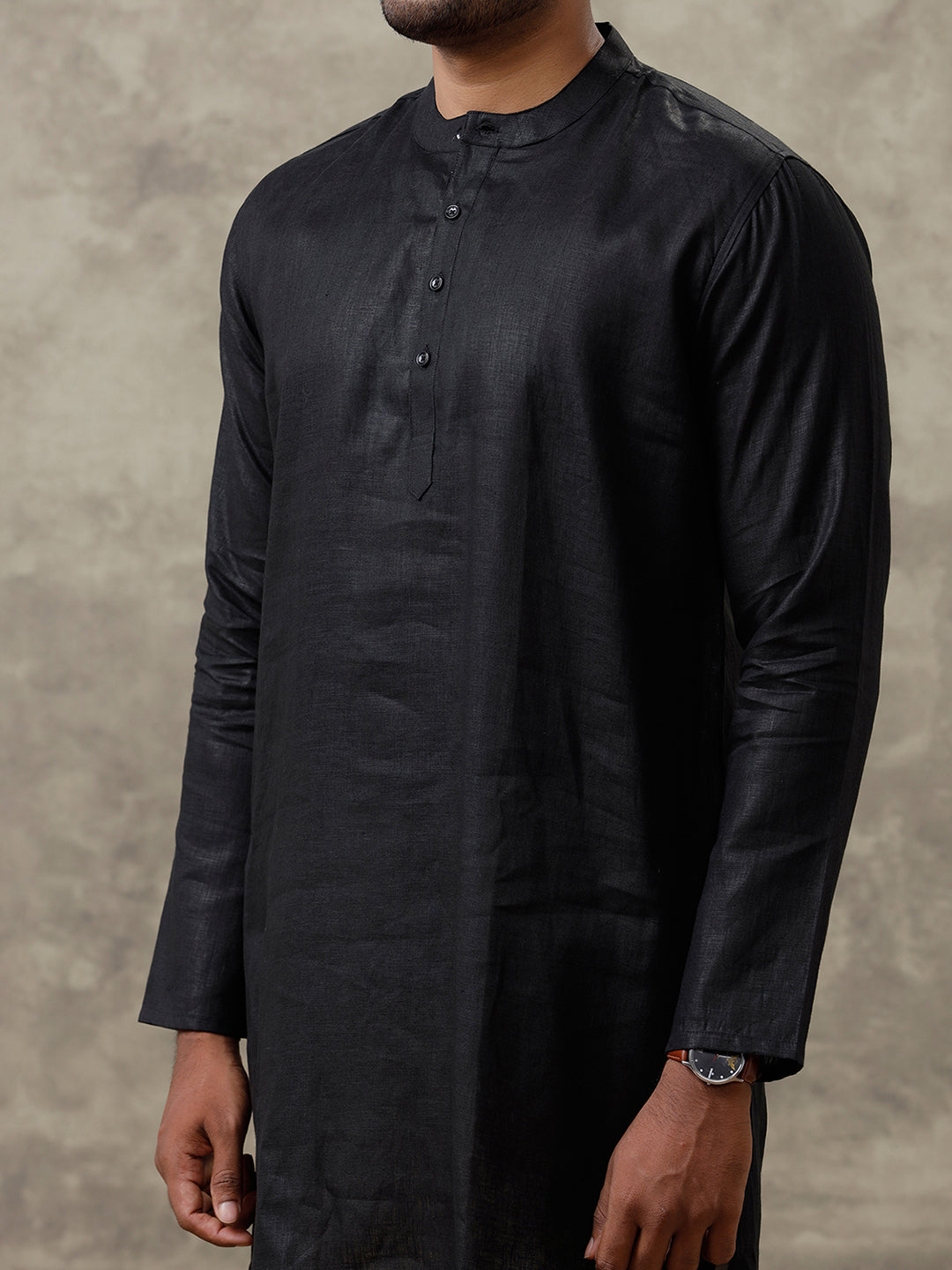 Men Linen Medium Length Kurta Black KAL10