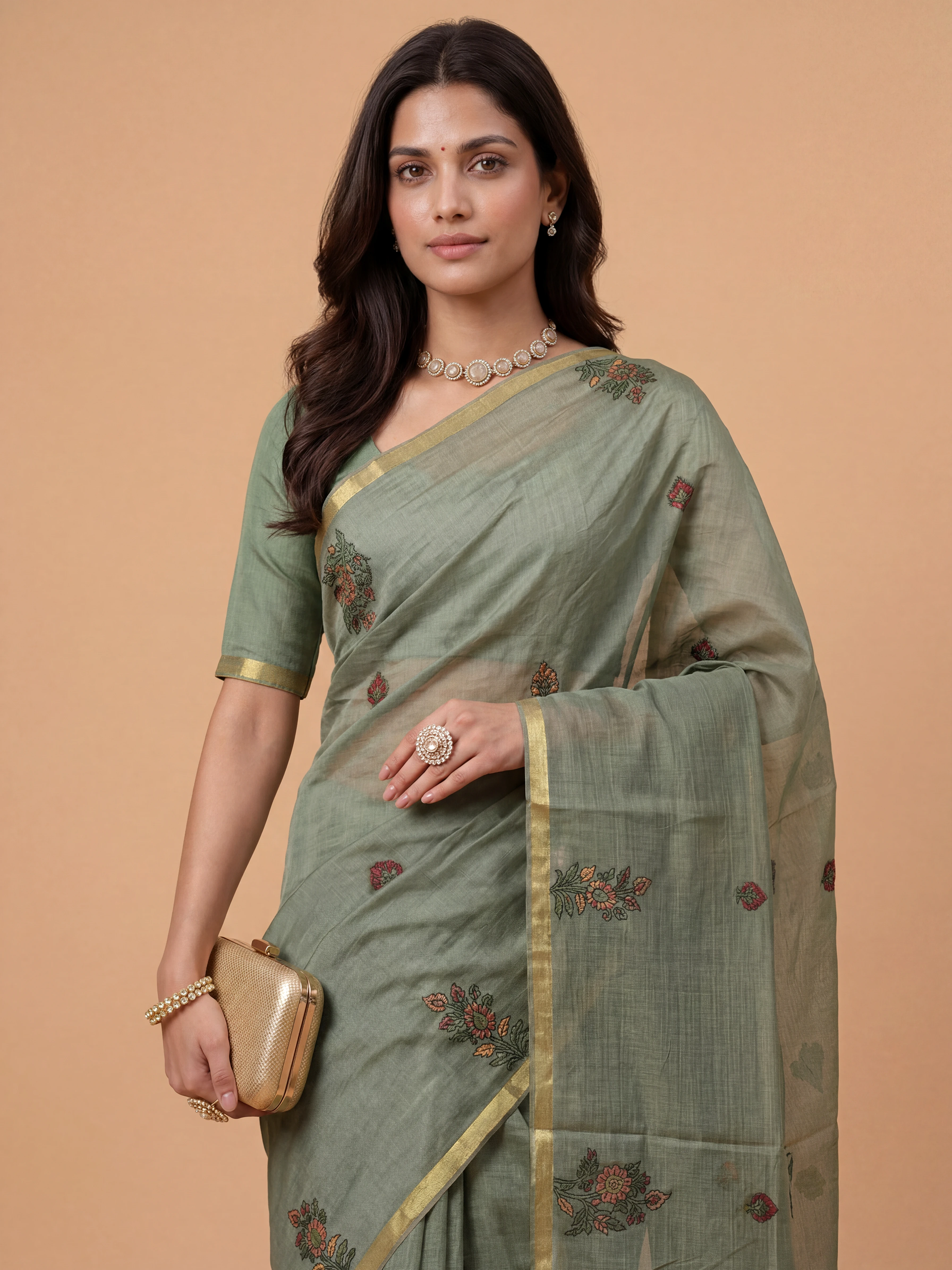 Women Pure Cotton Printed Dark Green Saree PCS273