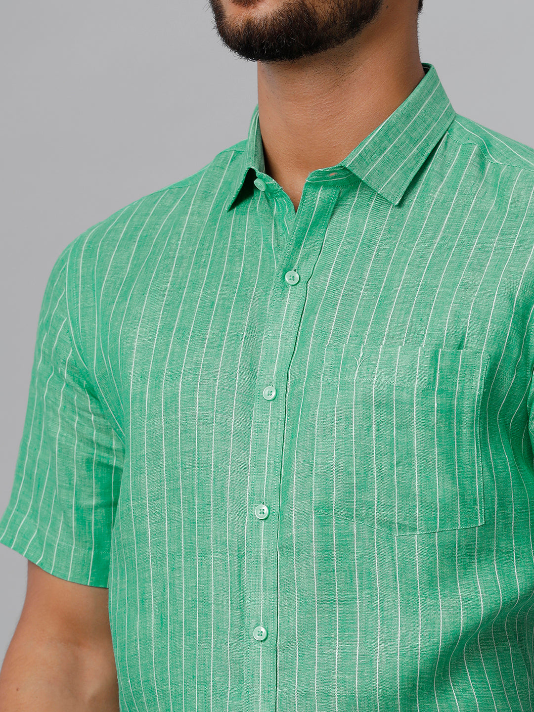 Mens Pure Linen Striped Half Sleeves Green Shirt LS12-Zoom view