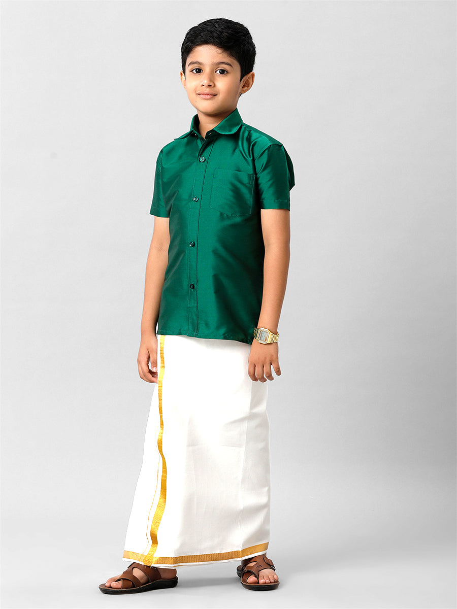 Boys Silk Cotton Dark Green Half Sleeves Shirt K9-Full view