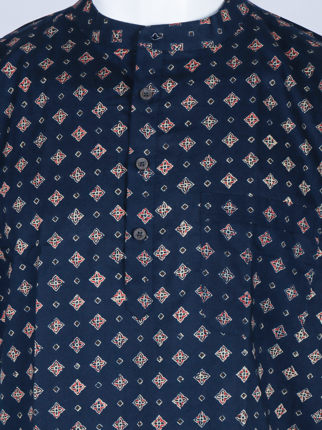 Men Cotton Short Length Printed Pocket Kurta Ink Blue OE1
