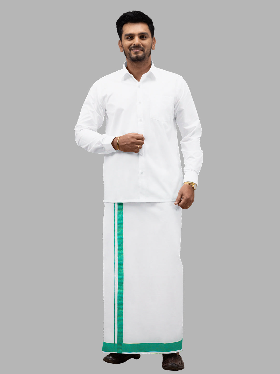 Men Cotton Blend Readymade Single Layer White Dhoti with Big Border GACS7