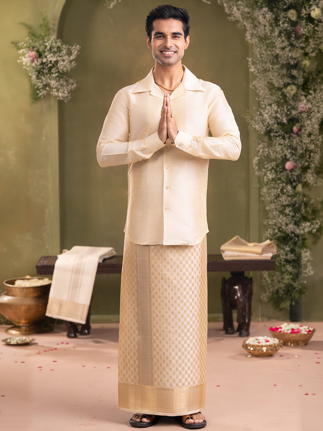 Pure Silk Silver Jari with 4" Gold Jari Dhoti - Kalasam