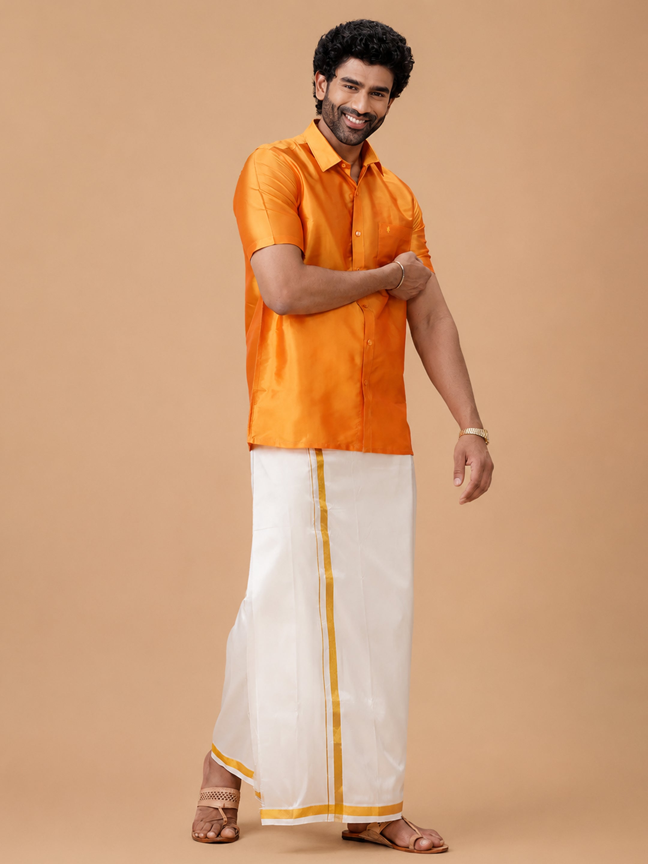 Pure Silk Golden Orange Shirt - Regular Fit