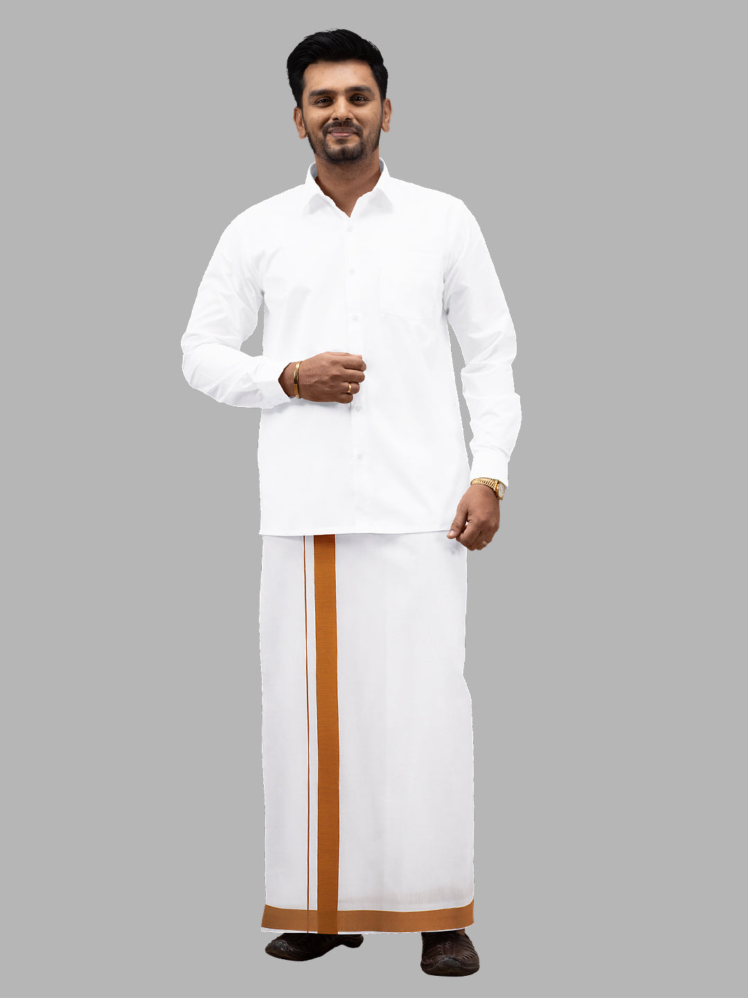 Men Cotton Blend Readymade Single Layer White Dhoti with Big Border GACS1