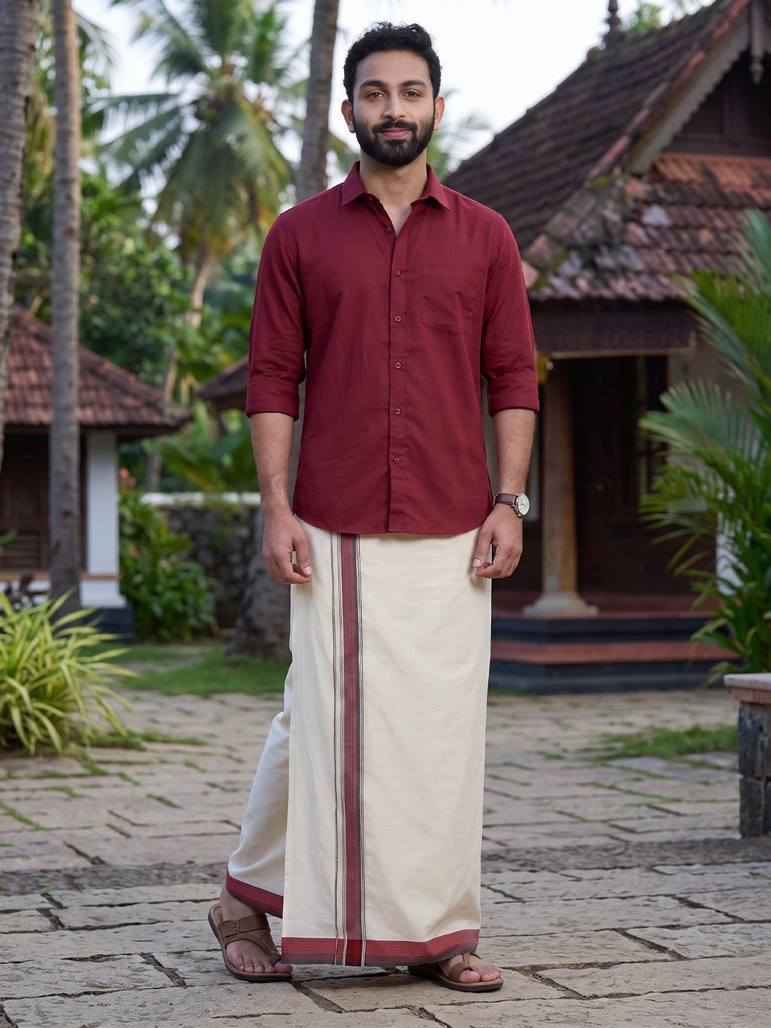 Double Layer 100% Cotton White Dhoti with Colour Jari Border - LC44