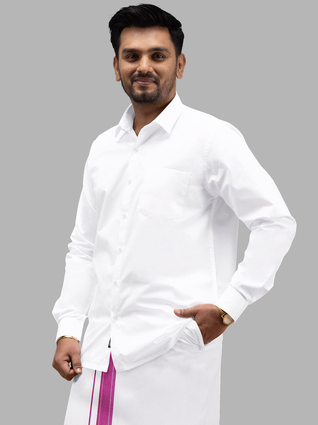 Men Cotton Blend Readymade Single Layer White Dhoti with Fancy Border GACF09