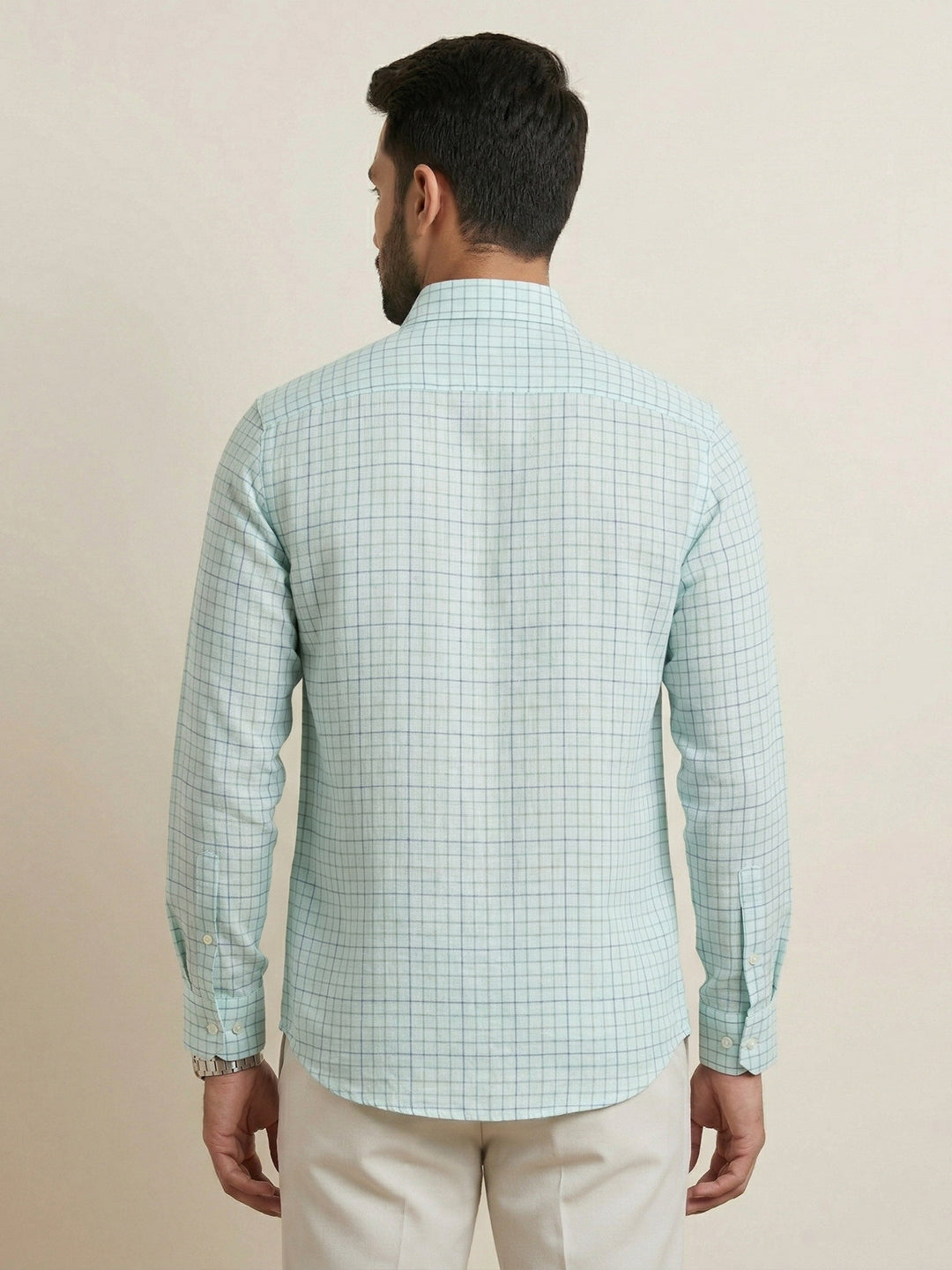 Men Pure Linen Checked Shirt Blue LS147