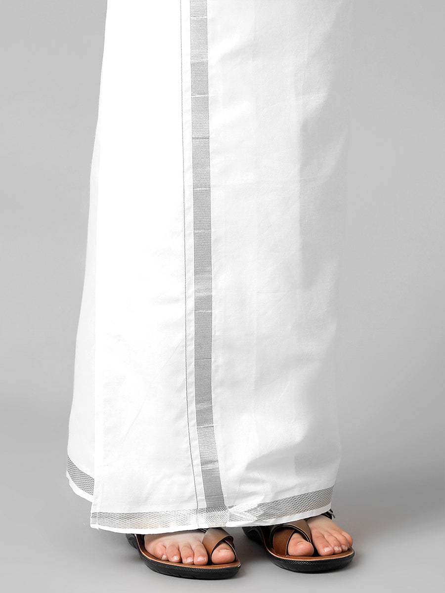 Boys Readymade Single Layer White Dhoti With Silver Jari Border