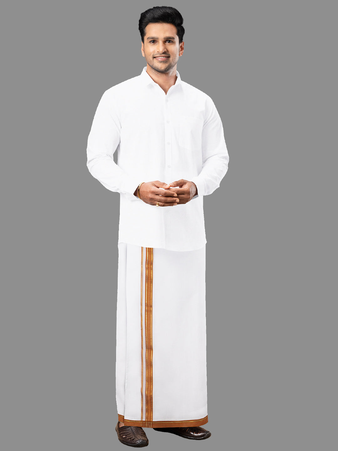 Men 100% Cotton Double Layer White Dhoti with Fancy Jari Border RF02