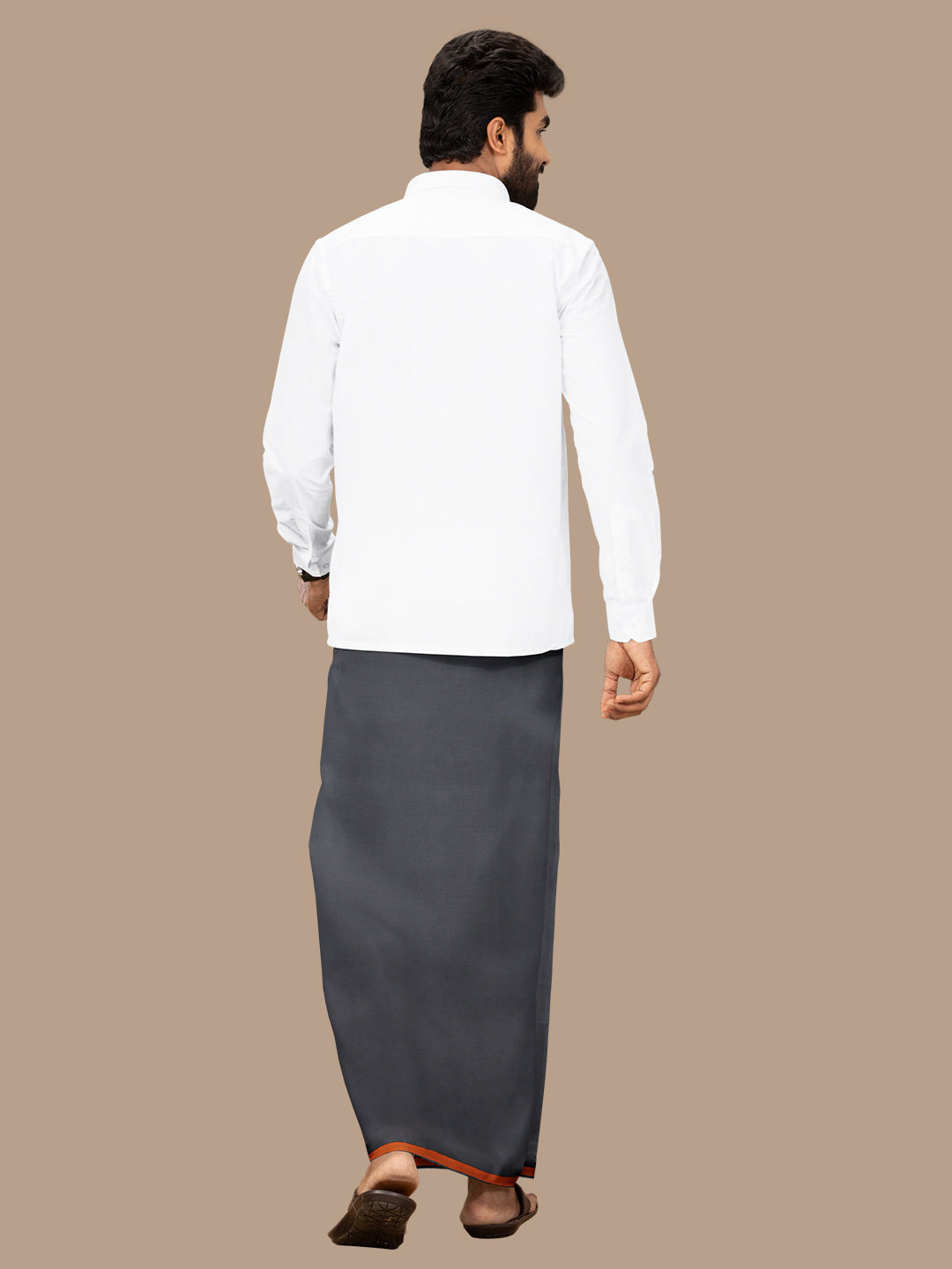 Men 100% Cotton Single Layer Grey Dhoti with Big Border Poojan