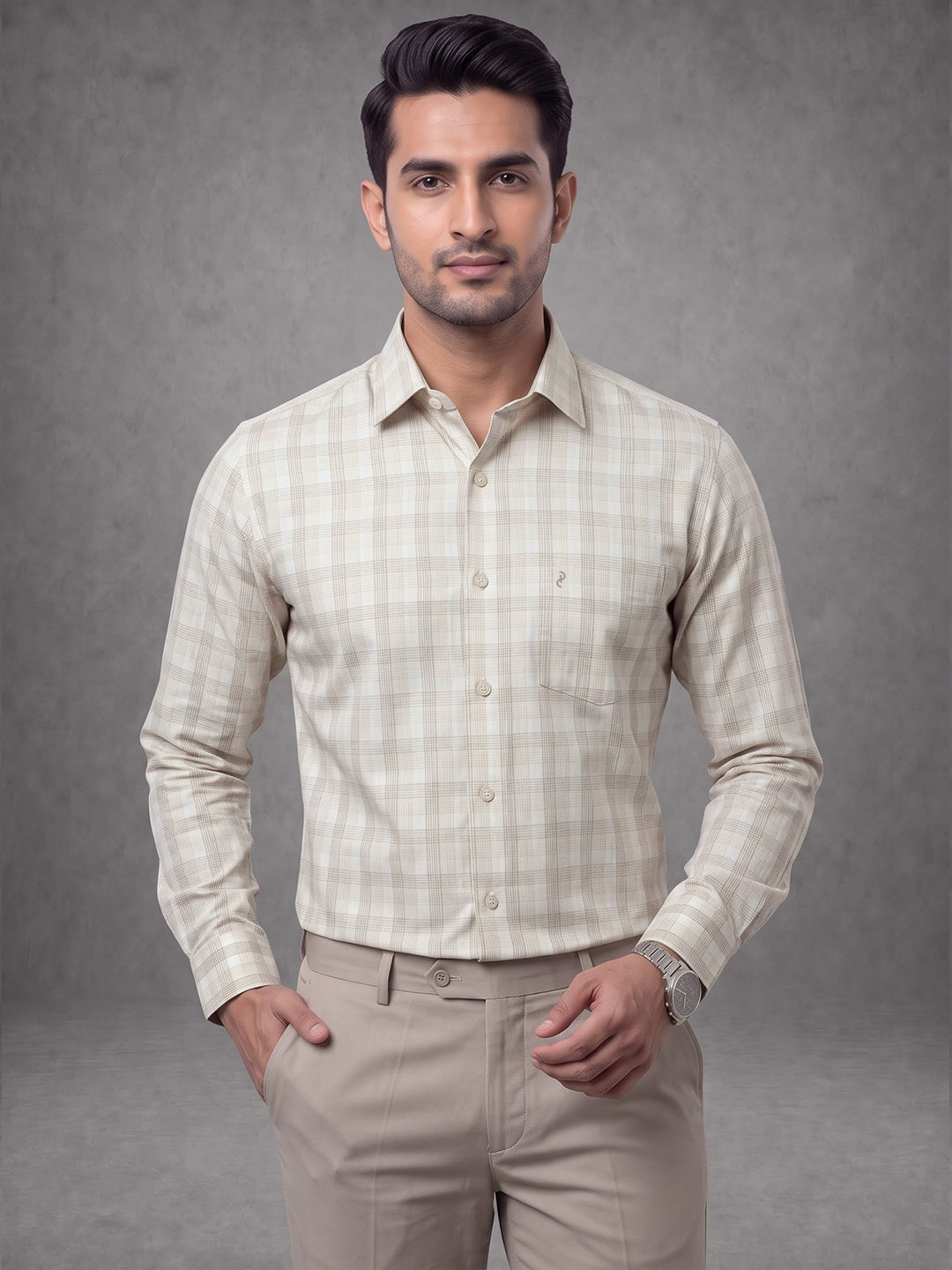 Prima Club Premium Cotton Dobby LT Beige Checked Regular Fit Shirt SRBJ4