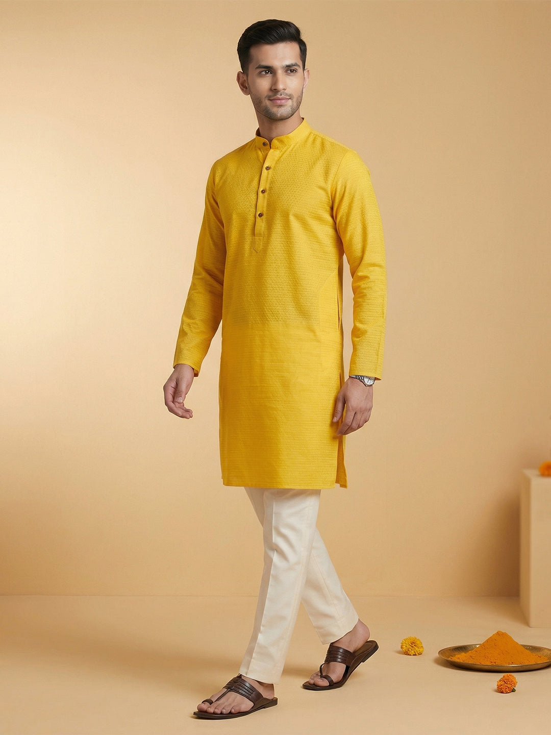 Cotton Medium Length Self Design Pocket Kurta Yellow D1