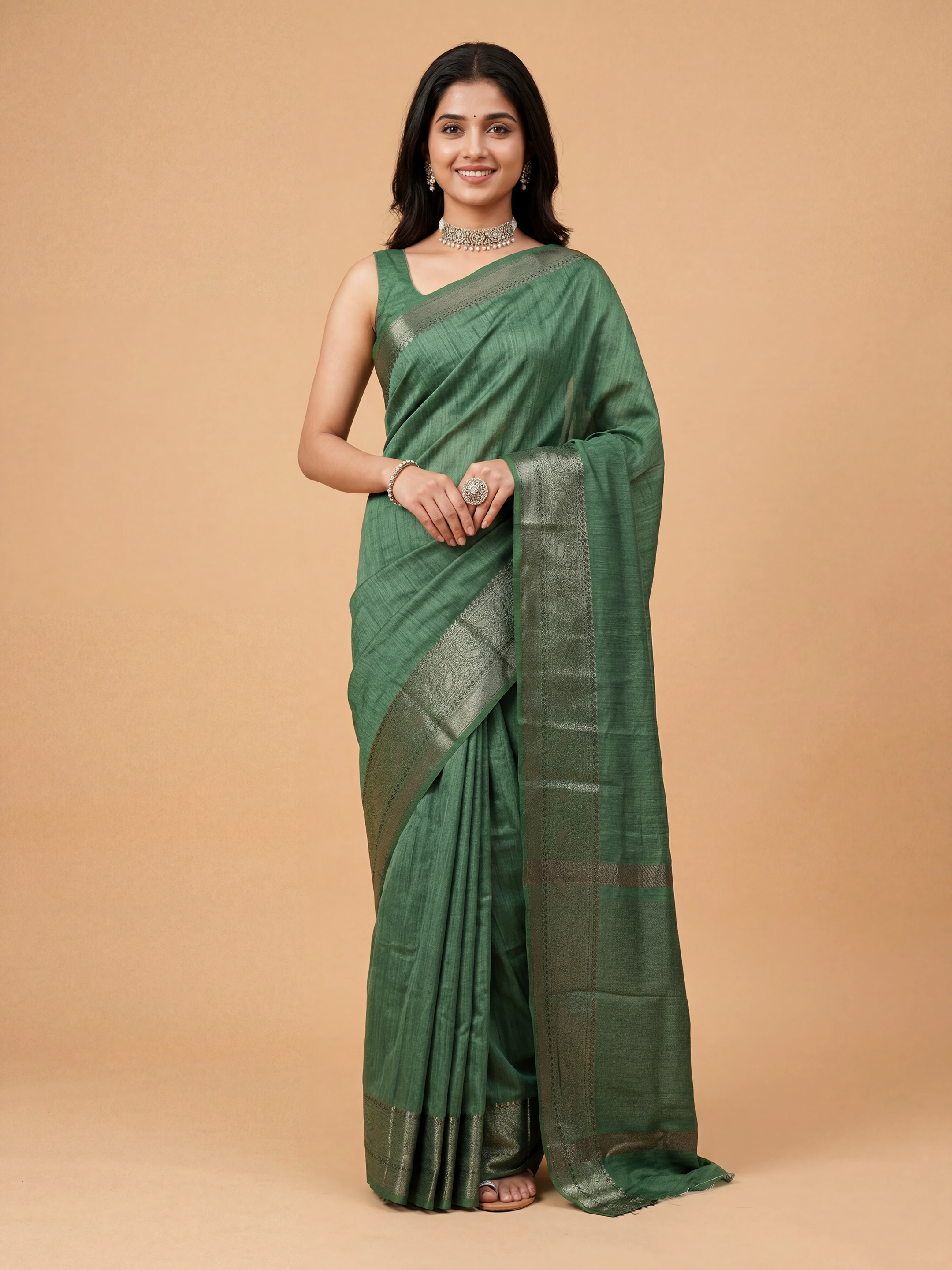 Women Semi Tussar Green Saree ST338