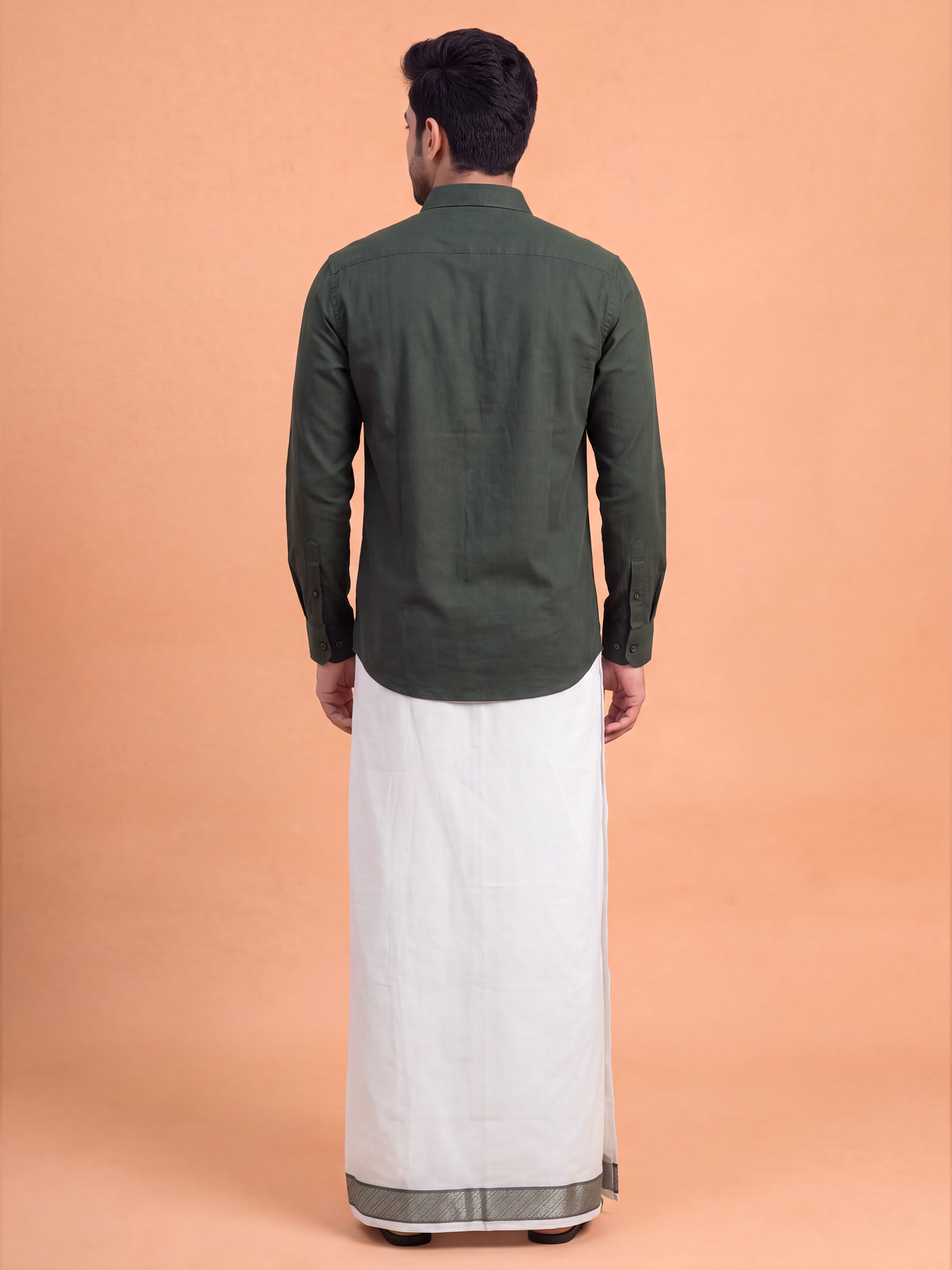 100% Cotton Dark Green Shirt and Colour Jari Border Dhoti Set BT10
