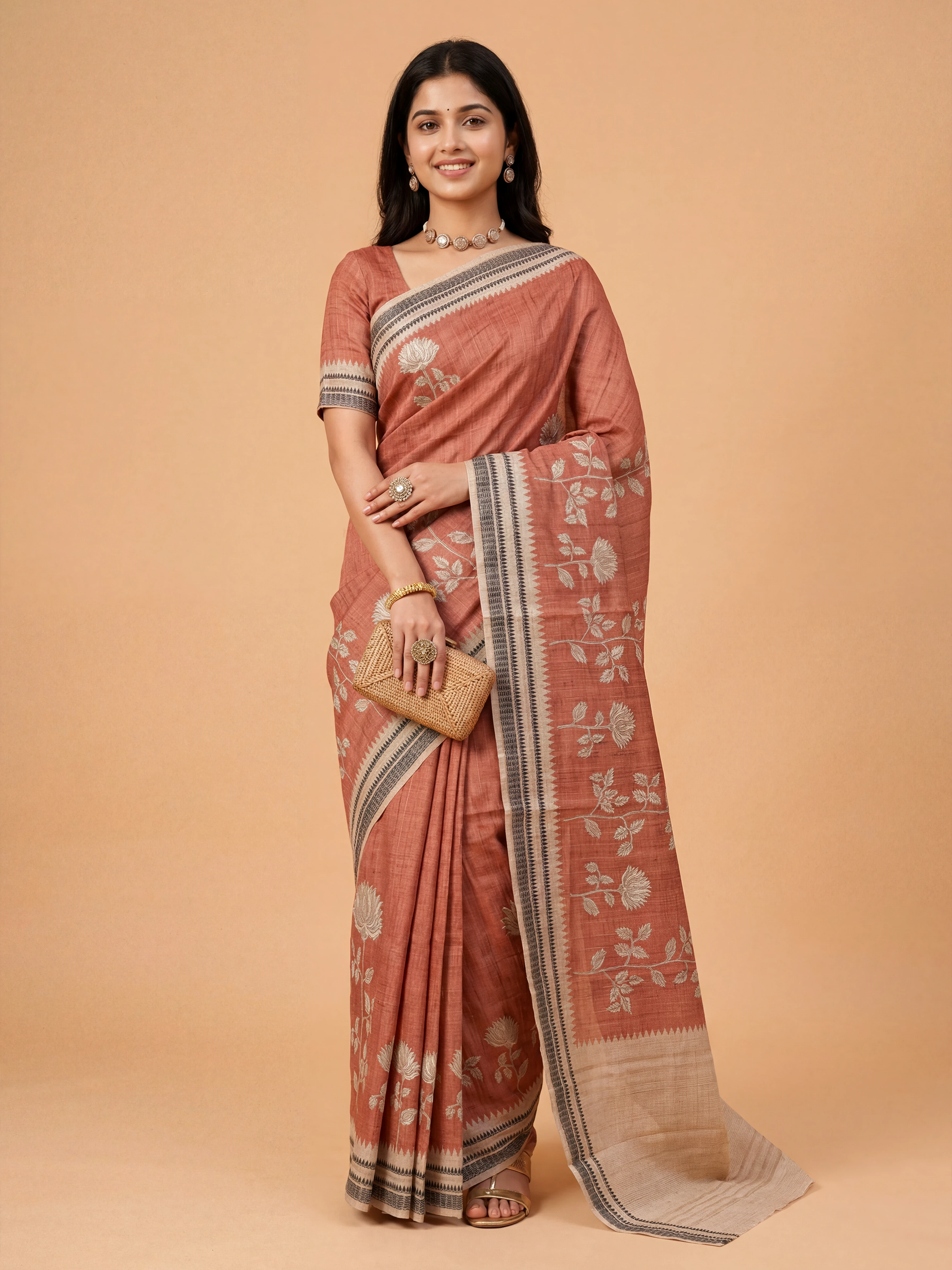 Women Semi Tussar Printed Red Saree ST343