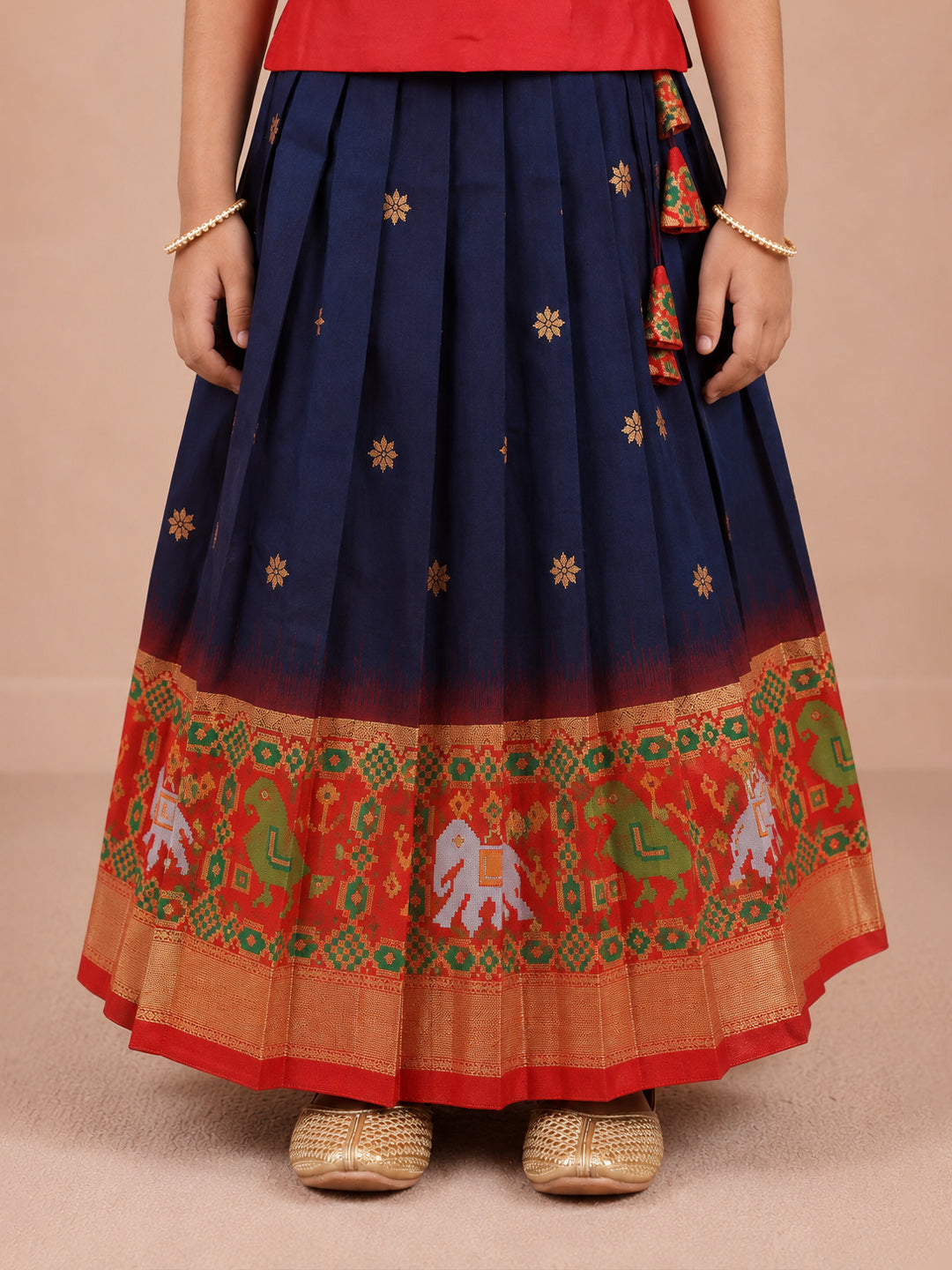 Girls Art Silk Red with Navy Pattu Pavadai Set GPS64