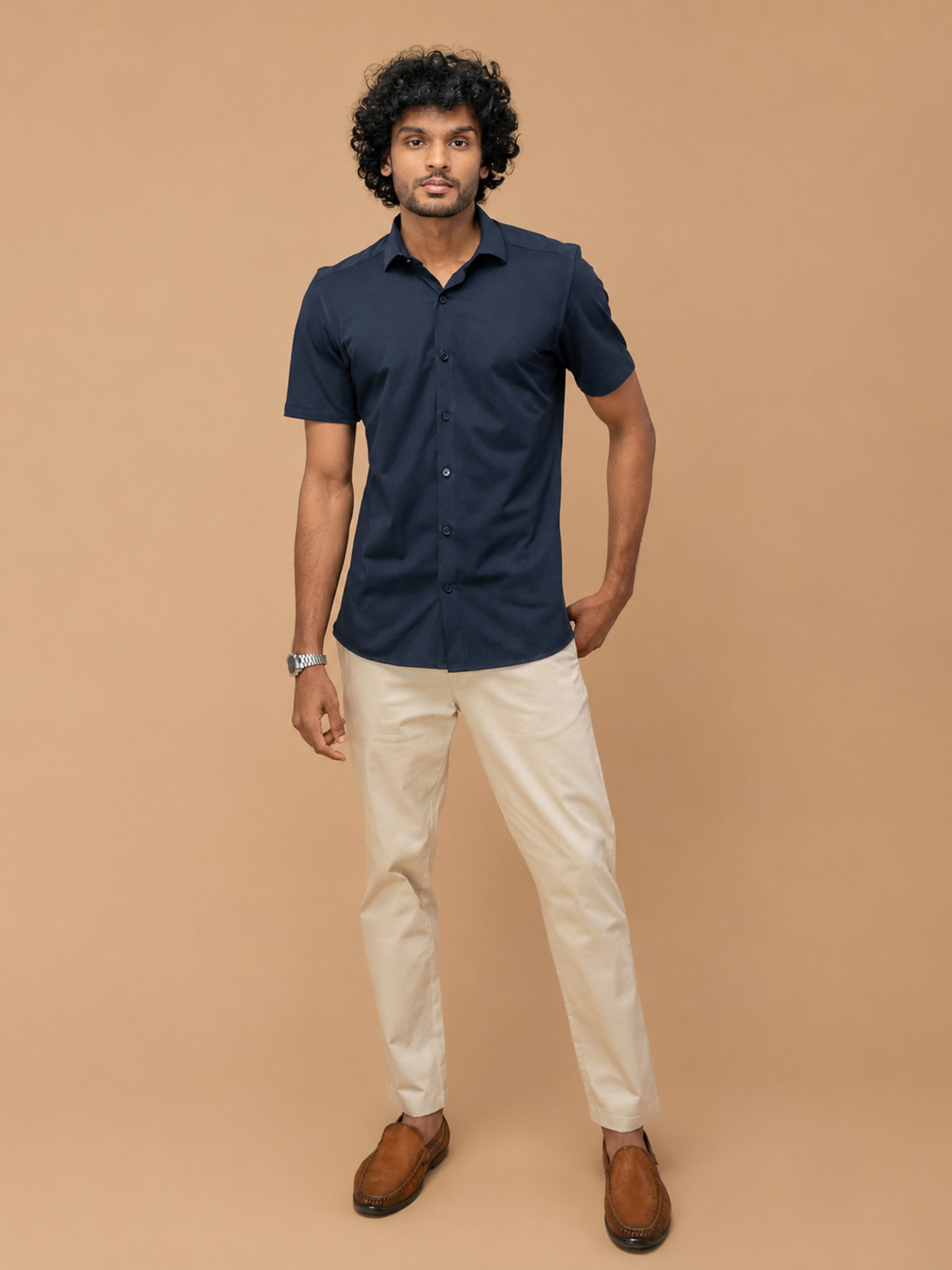 Cotton Rich Navy Slim Fit Knit Shirt ER5