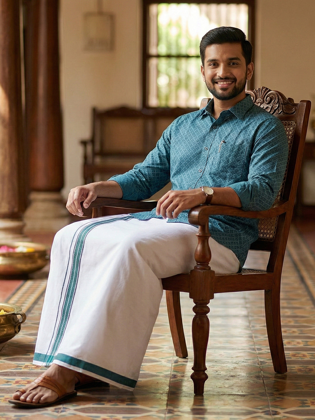 Men Teal Blue Matching Border Dhoti With Printed Shirt Set Fusion PS27