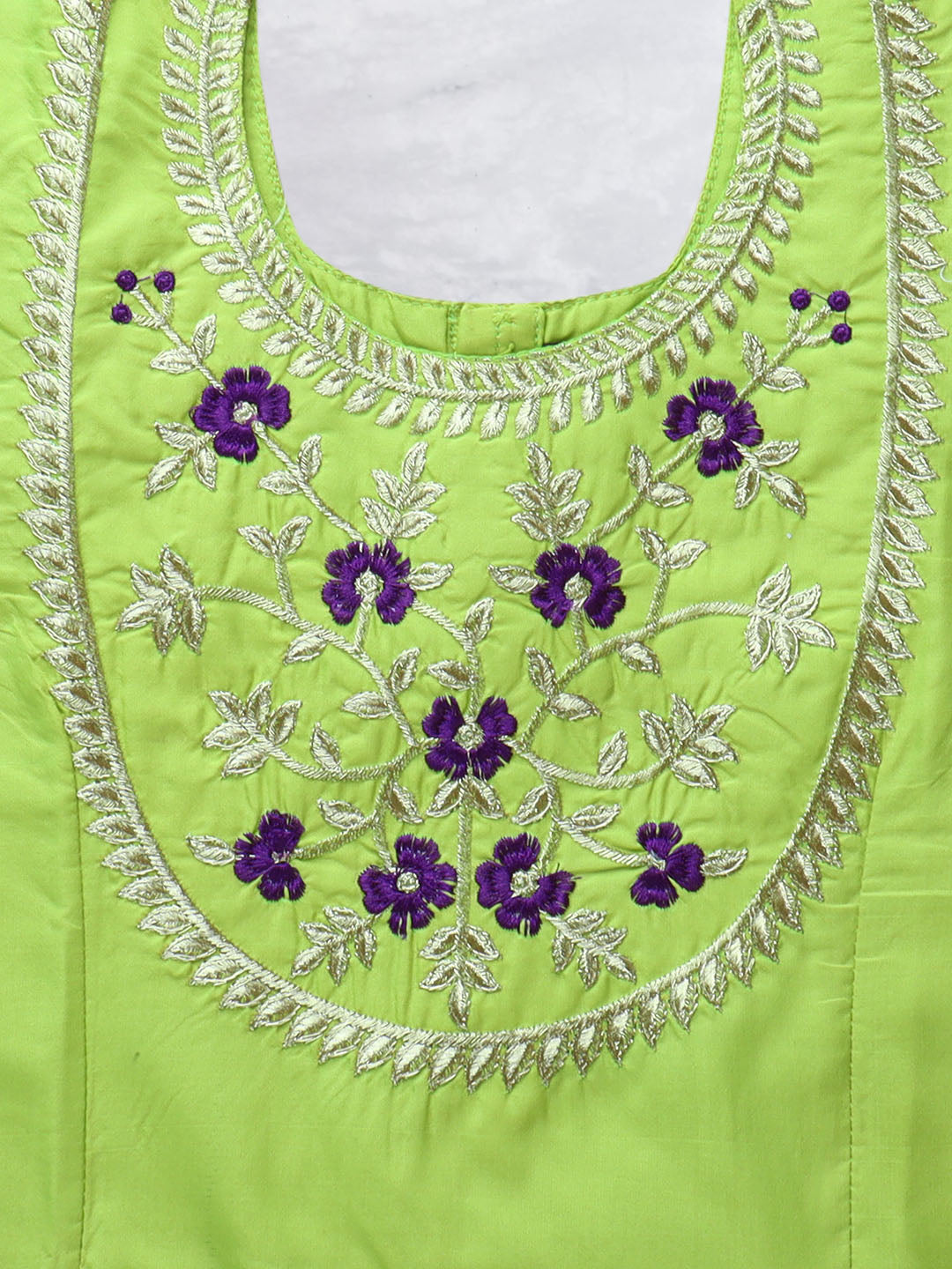 Girls Traditional Silk Cotton Skirt Set Lemongreen with Violet GPS16