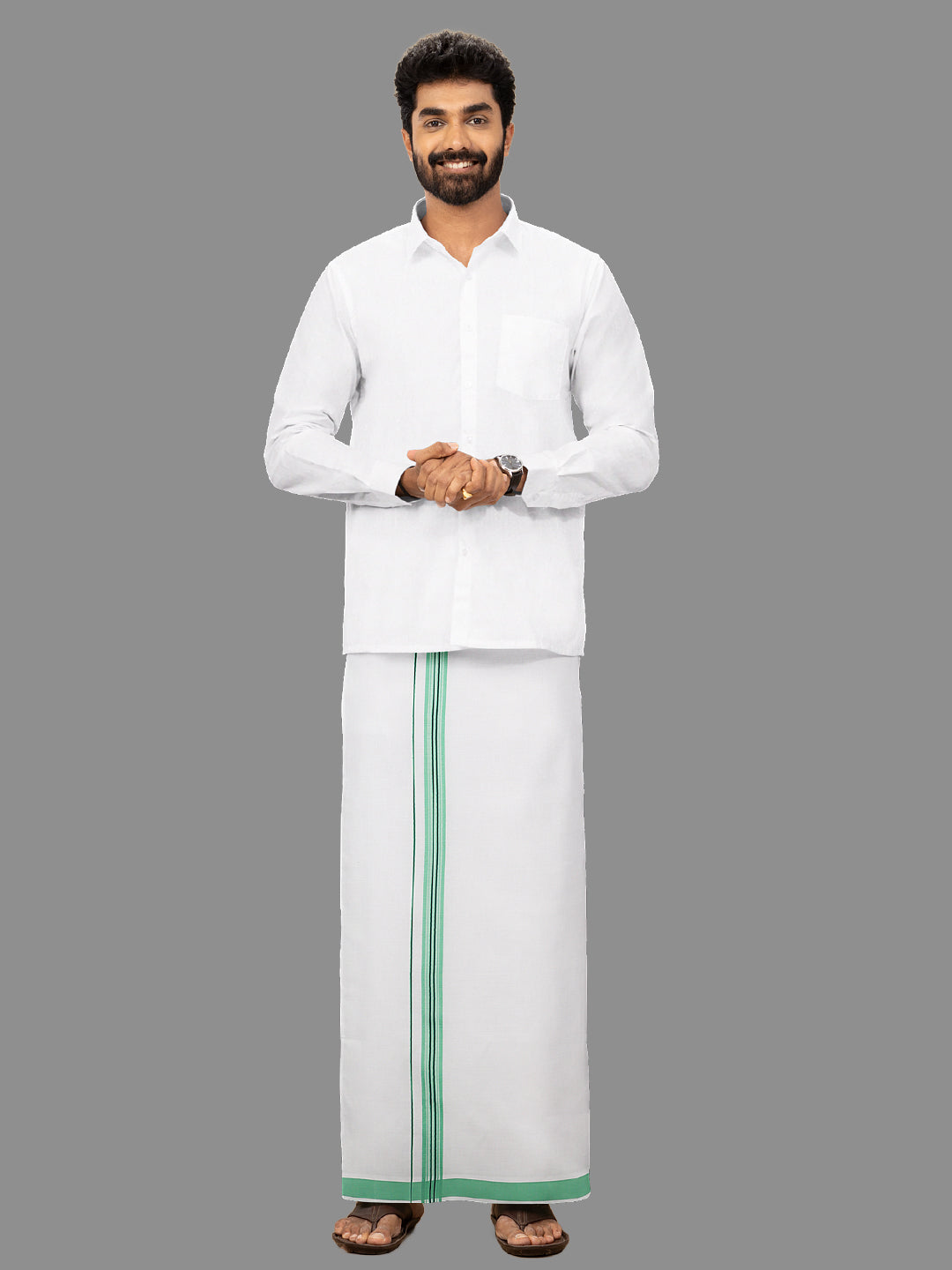 Men Cotton Blend Single Layer White Dhoti with Fancy Border Winner