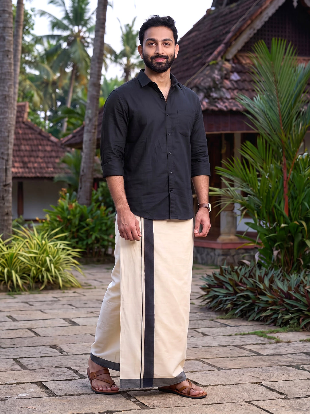 Double Layer 100% Cotton Cream Kora Dhoti with Colour Border - BSD01