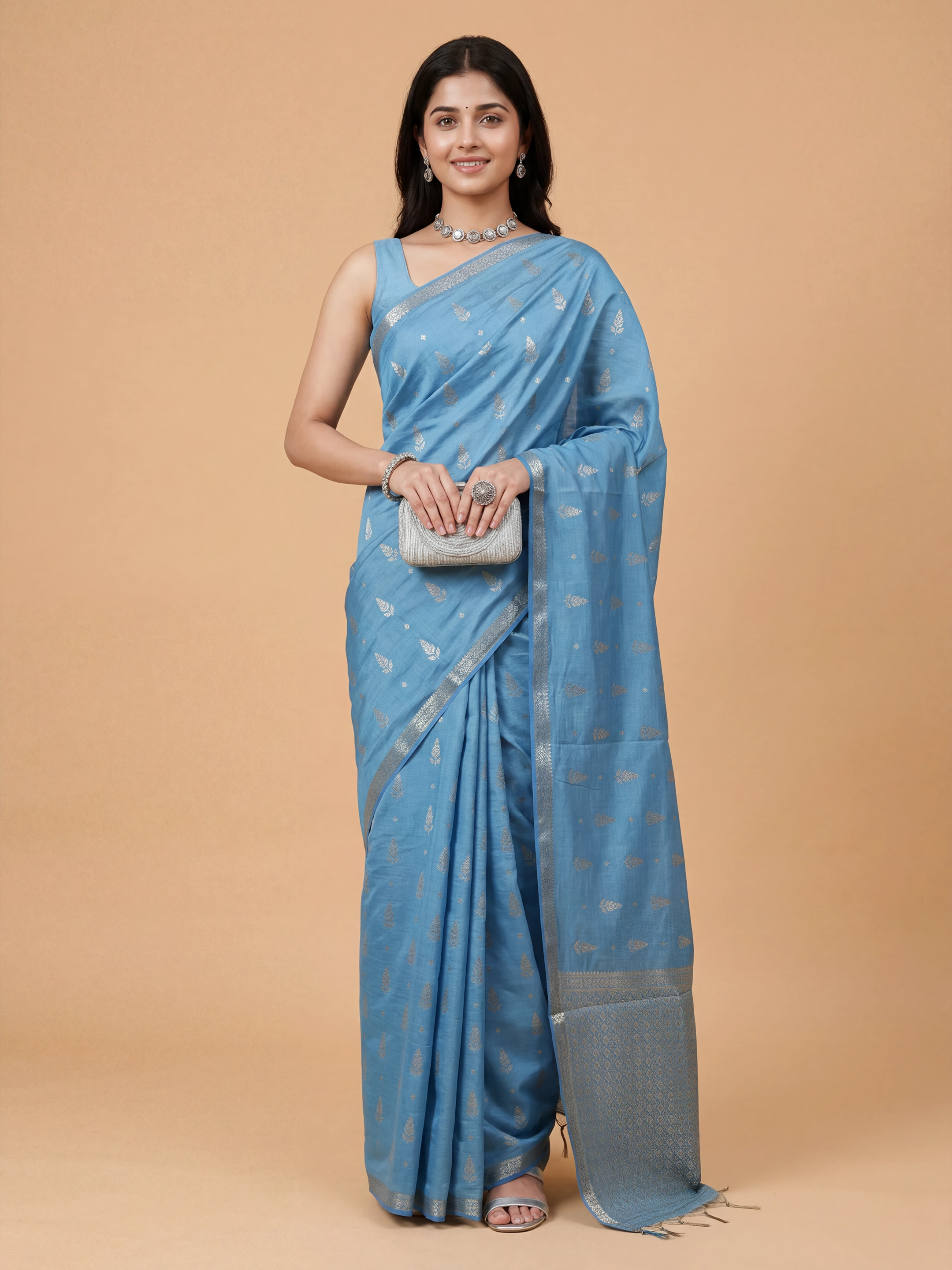 Women Semi Tussar Printed Blue Saree ST345