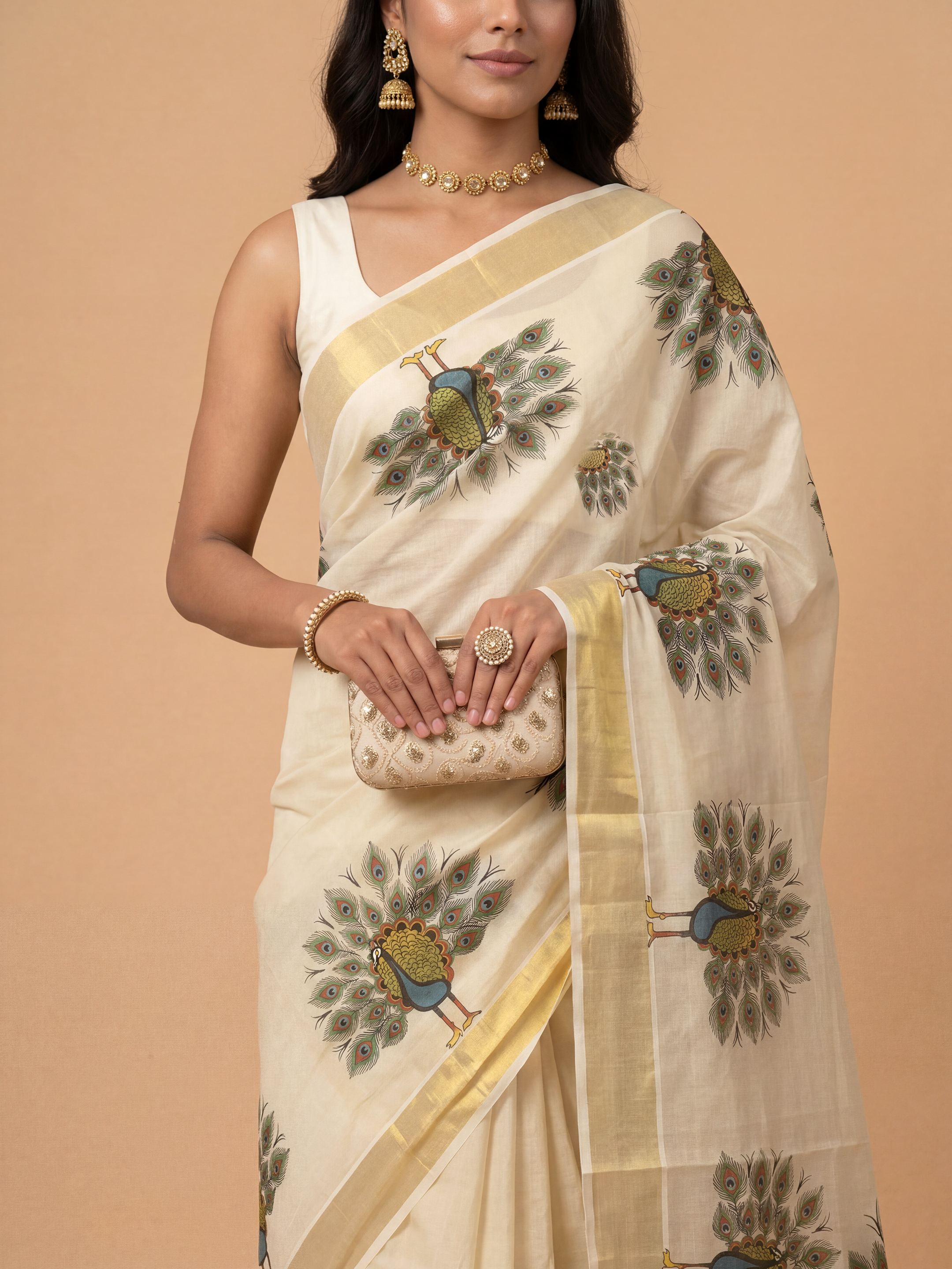 Women Tissue Cream Krishna Printed Kerala Saree KLS28