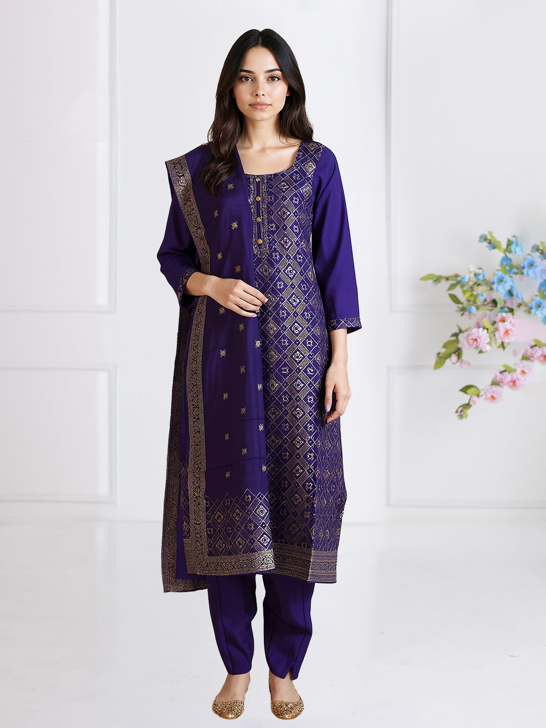 Women Silky Crush Embroidered Kurti Set Violet EKS81