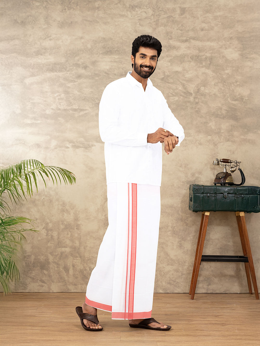 Men Cotton Blend Single Layer White Dhoti with Double Side Fancy Border HM 08