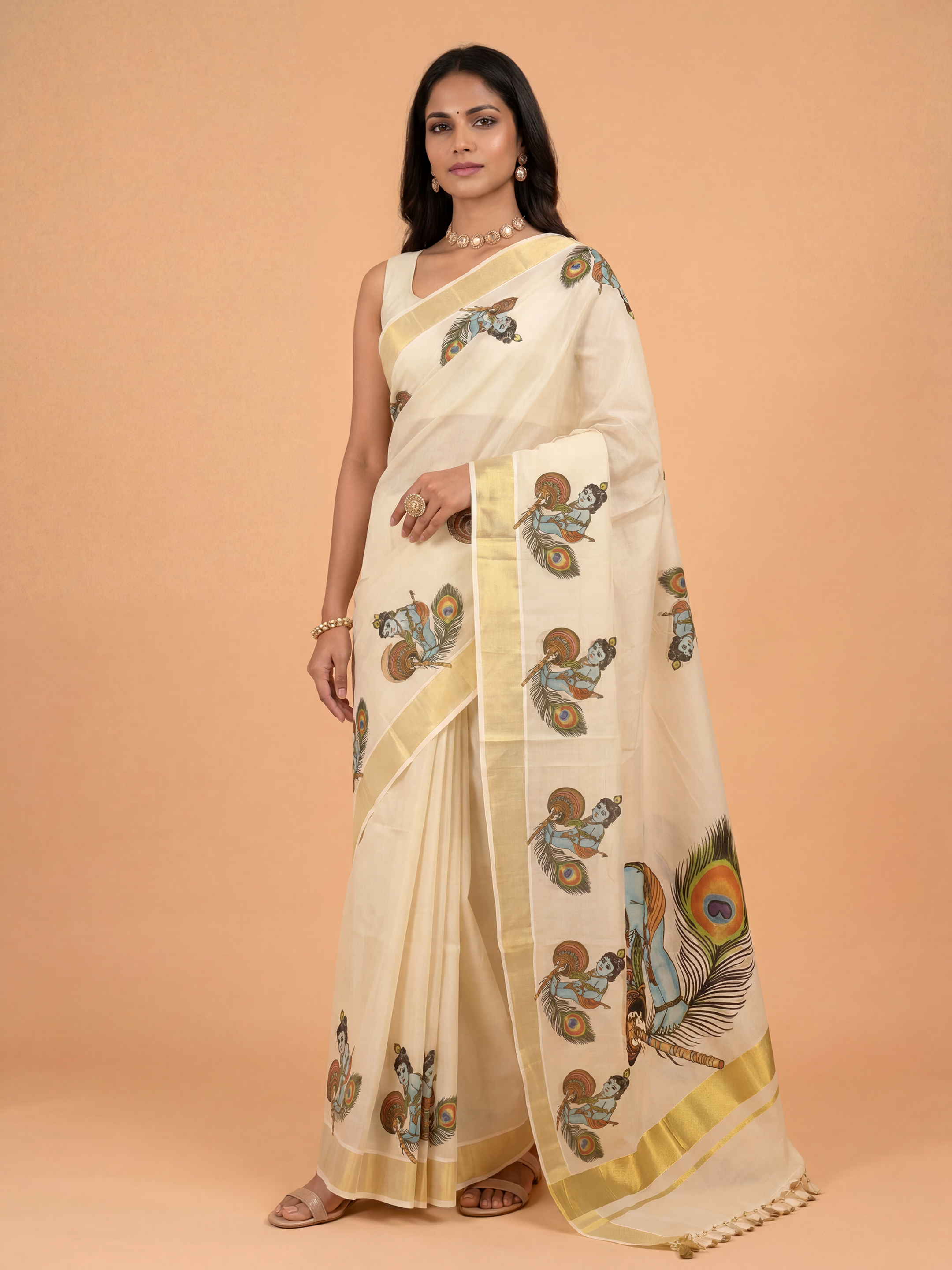 Women Tissue Cream Krishna Printed Kerala Saree KLS27