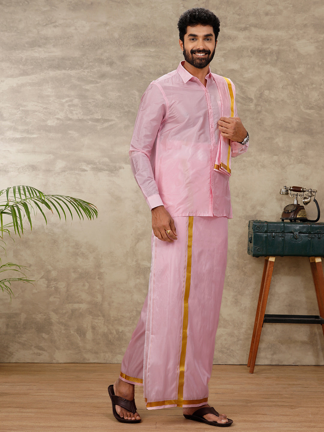 Couple Combo Shirt & Dhoti Set with Saree Pink SS382