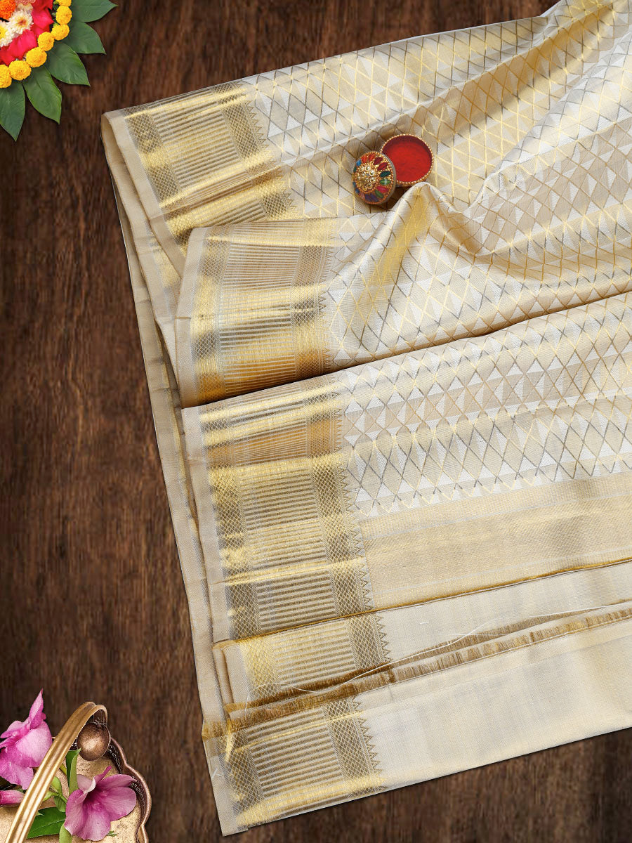 Premium Pure Silk Tissue Jari Dhoti With Angavastram 5" Gold Jari Border Agarshanaa-View four