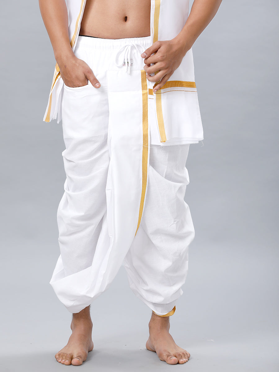 Men's Readymade White Panchakacham & Angavastram with Gold Jari Border Prakaspathi