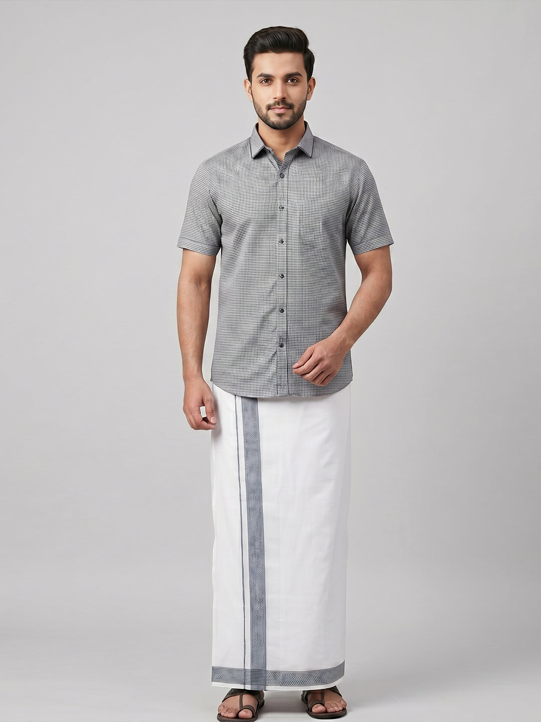 Men Greyish Blue Matching Border Dhoti With Printed Shirt Set Windsor HNJ1
