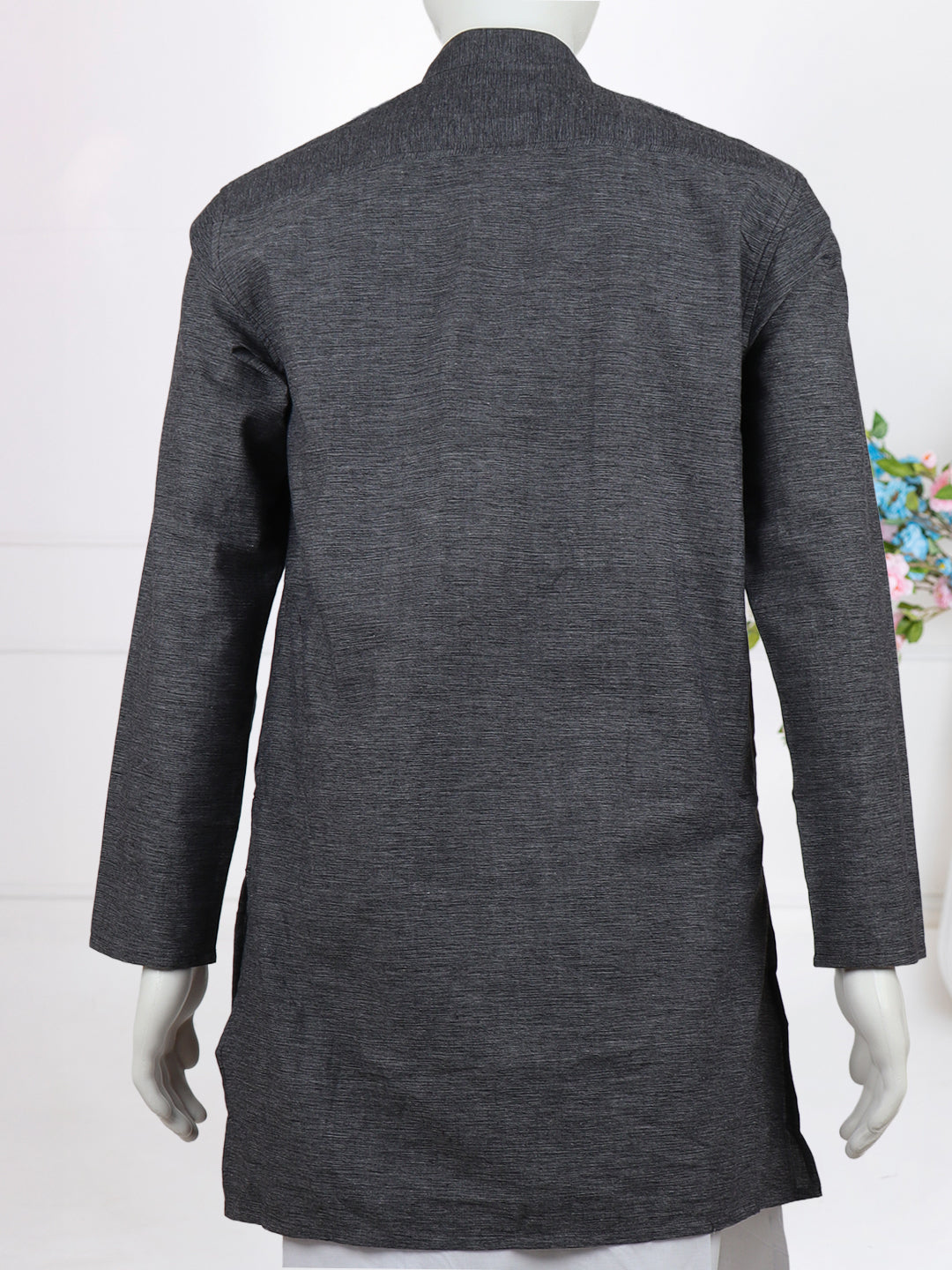 Men Mid Grey Medium Length Kurta with Matching Border Dhoti Set PC2