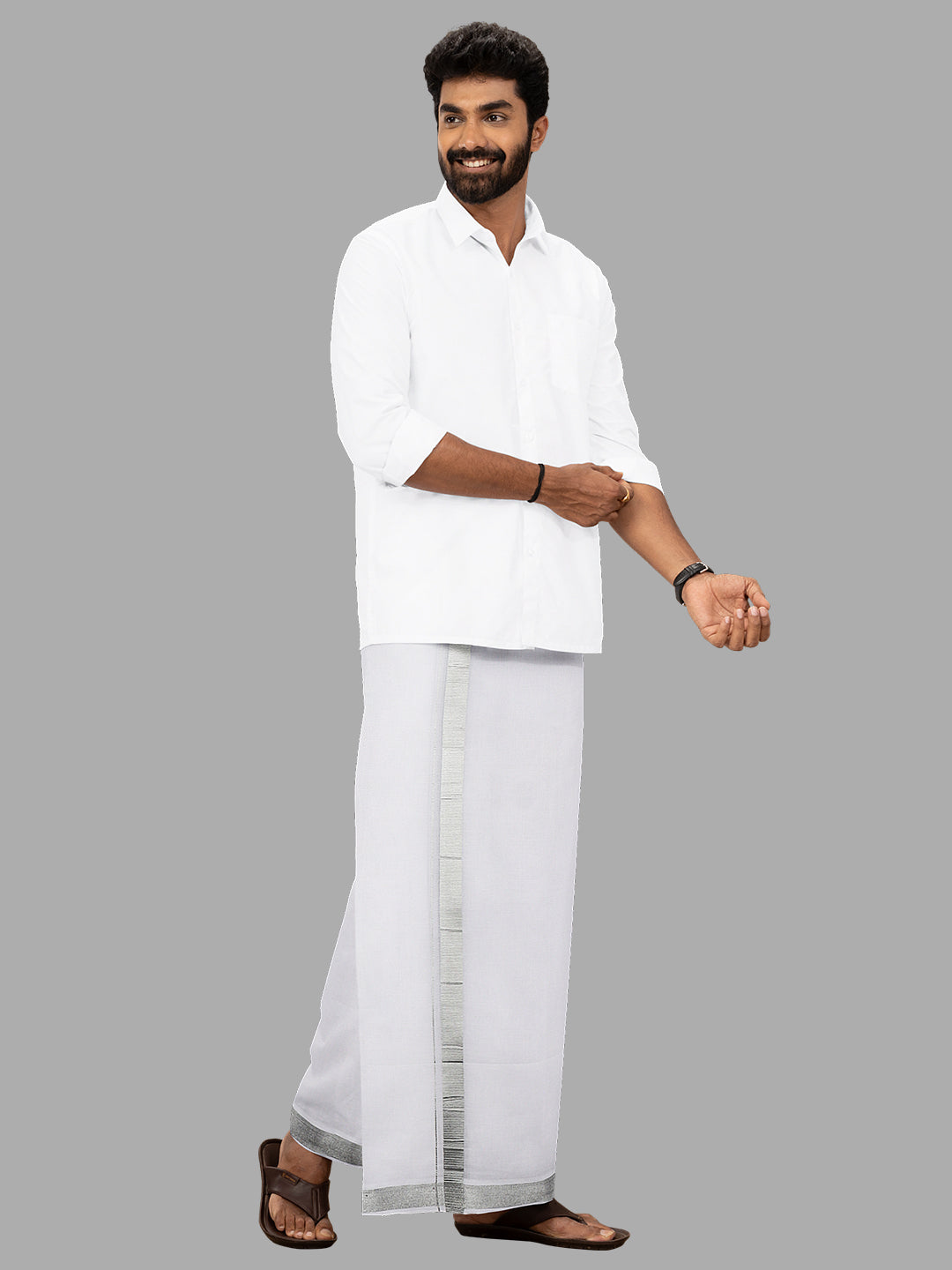 Men Cotton Blend Double Layer White Dhoti with Silver Jari Border