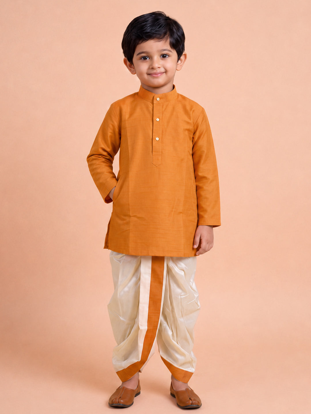 Boys Slub Cotton Full Sleeves Orange Kurta with Panchakacham Combo Set SL3