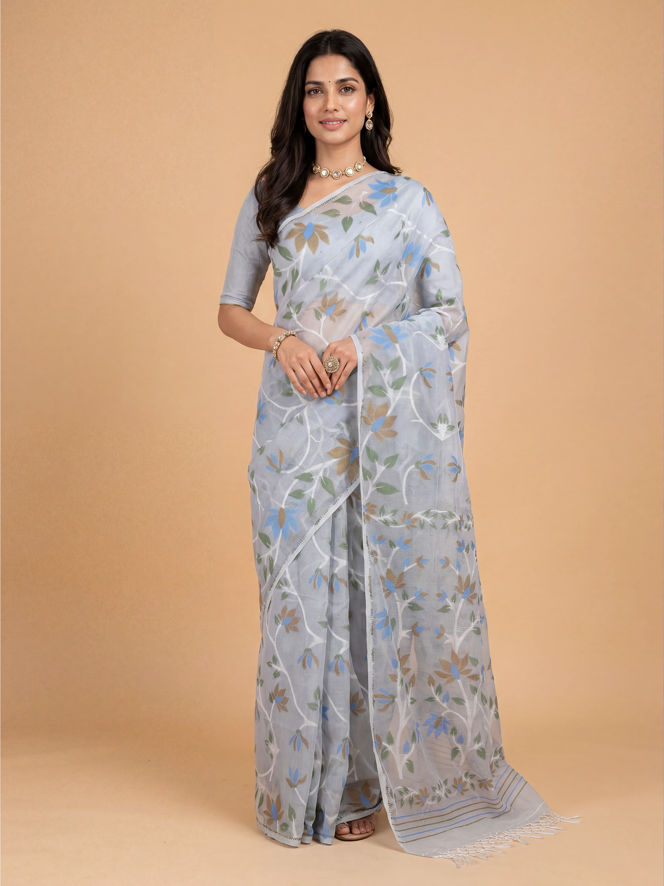 Women Semi Linen Printed Blue Saree SL250