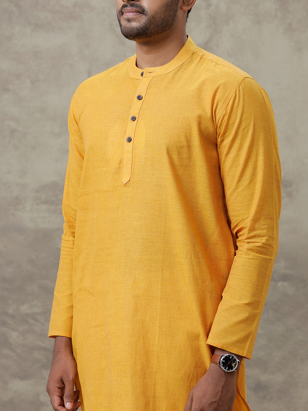Men Cotton Medium Length Plain Pocket Kurta Chrome Yellow Y22