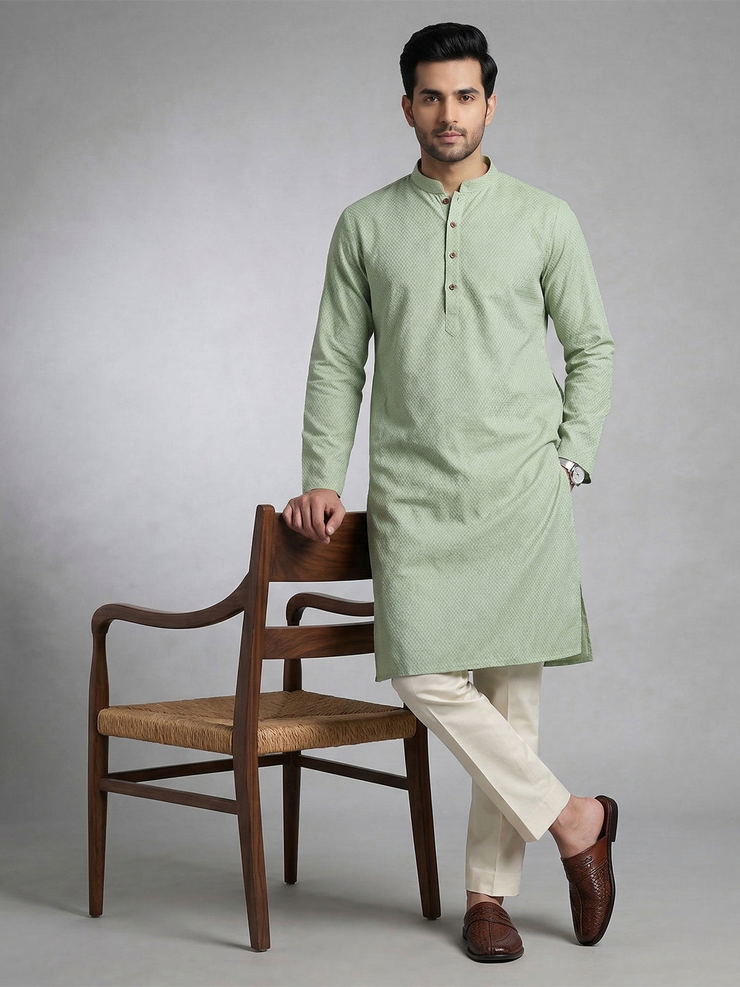 Men Cotton Medium Length Printed Pocket Kurta Green MHJ7
